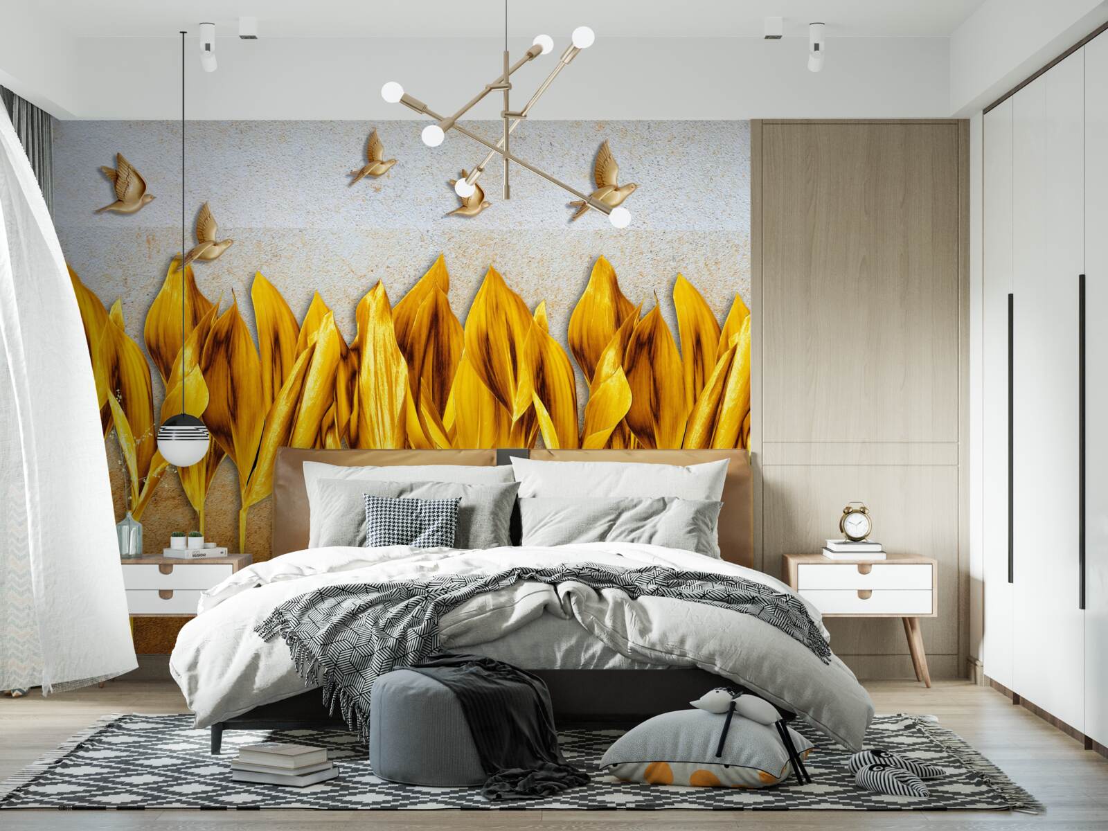 Фотошпалери над крилами птахів, що летять, з'являється золотий осінній ліс