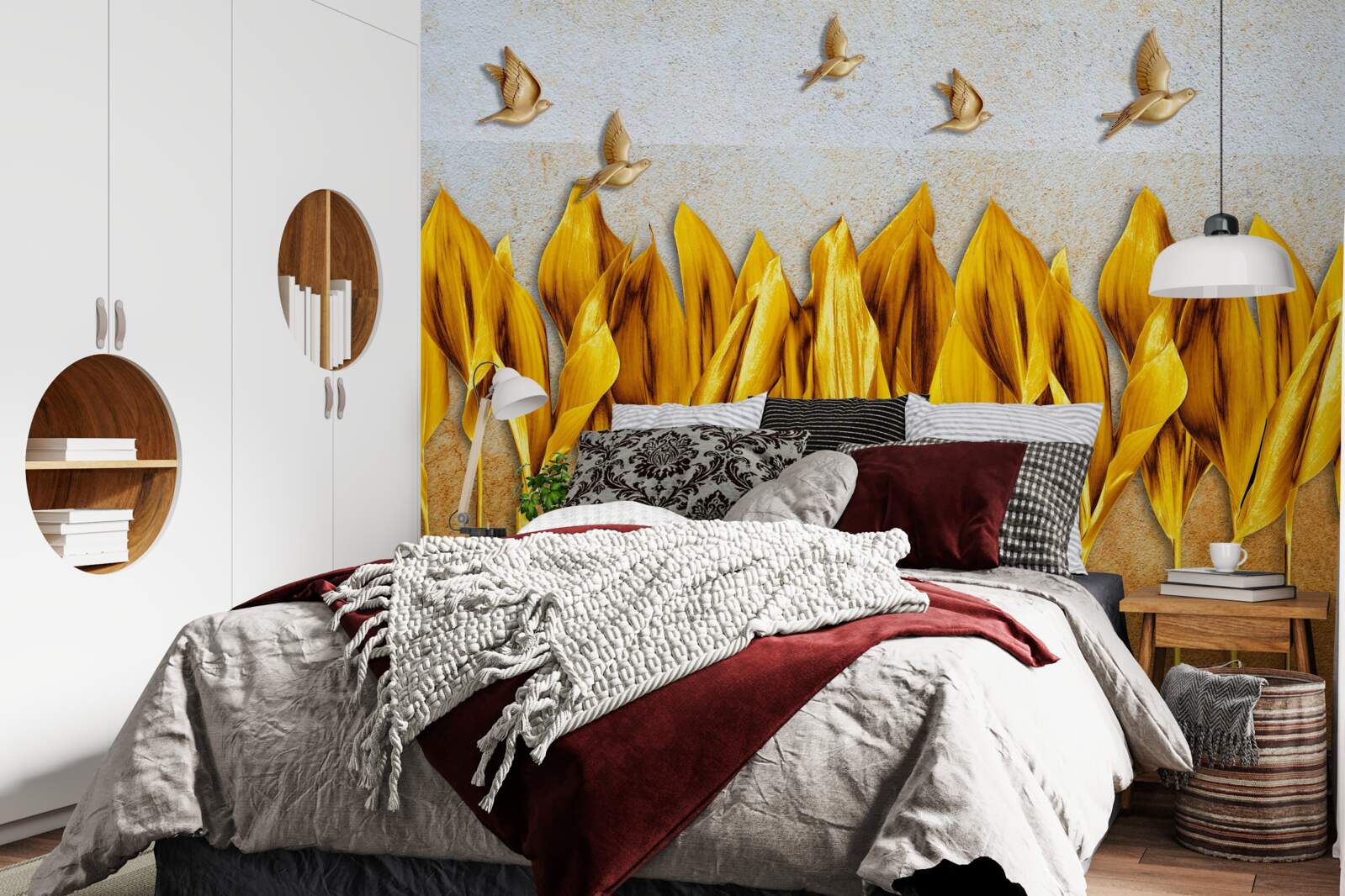 Фотошпалери над крилами птахів, що летять, з'являється золотий осінній ліс