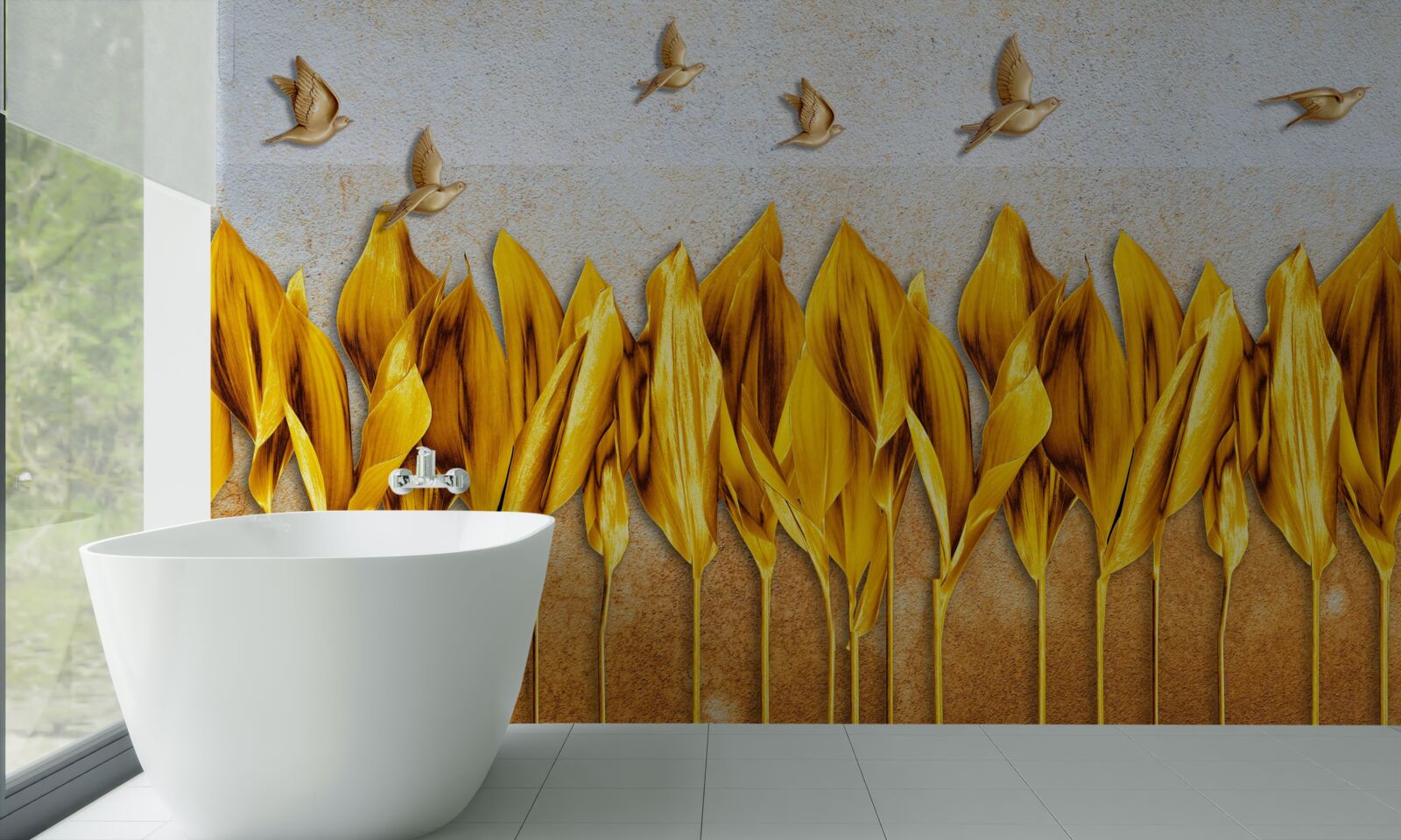 Фотошпалери над крилами птахів, що летять, з'являється золотий осінній ліс