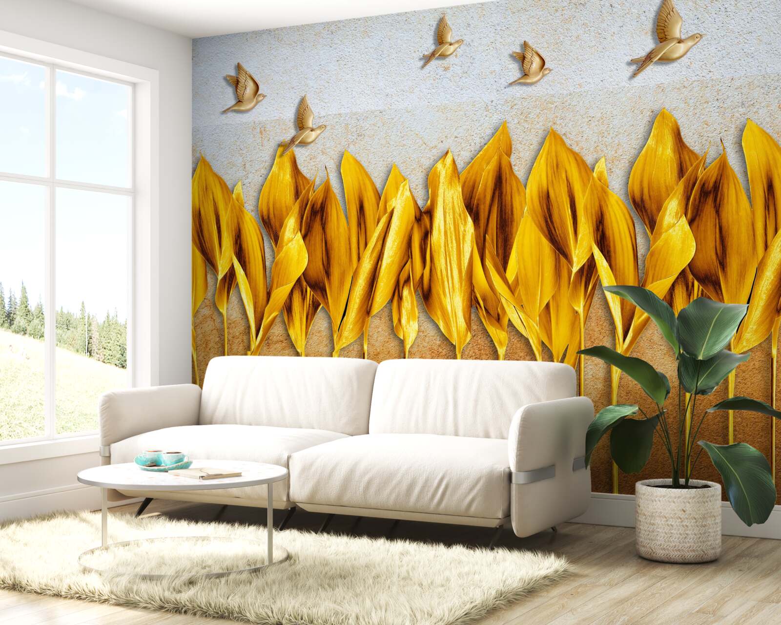 Фотошпалери над крилами птахів, що летять, з'являється золотий осінній ліс