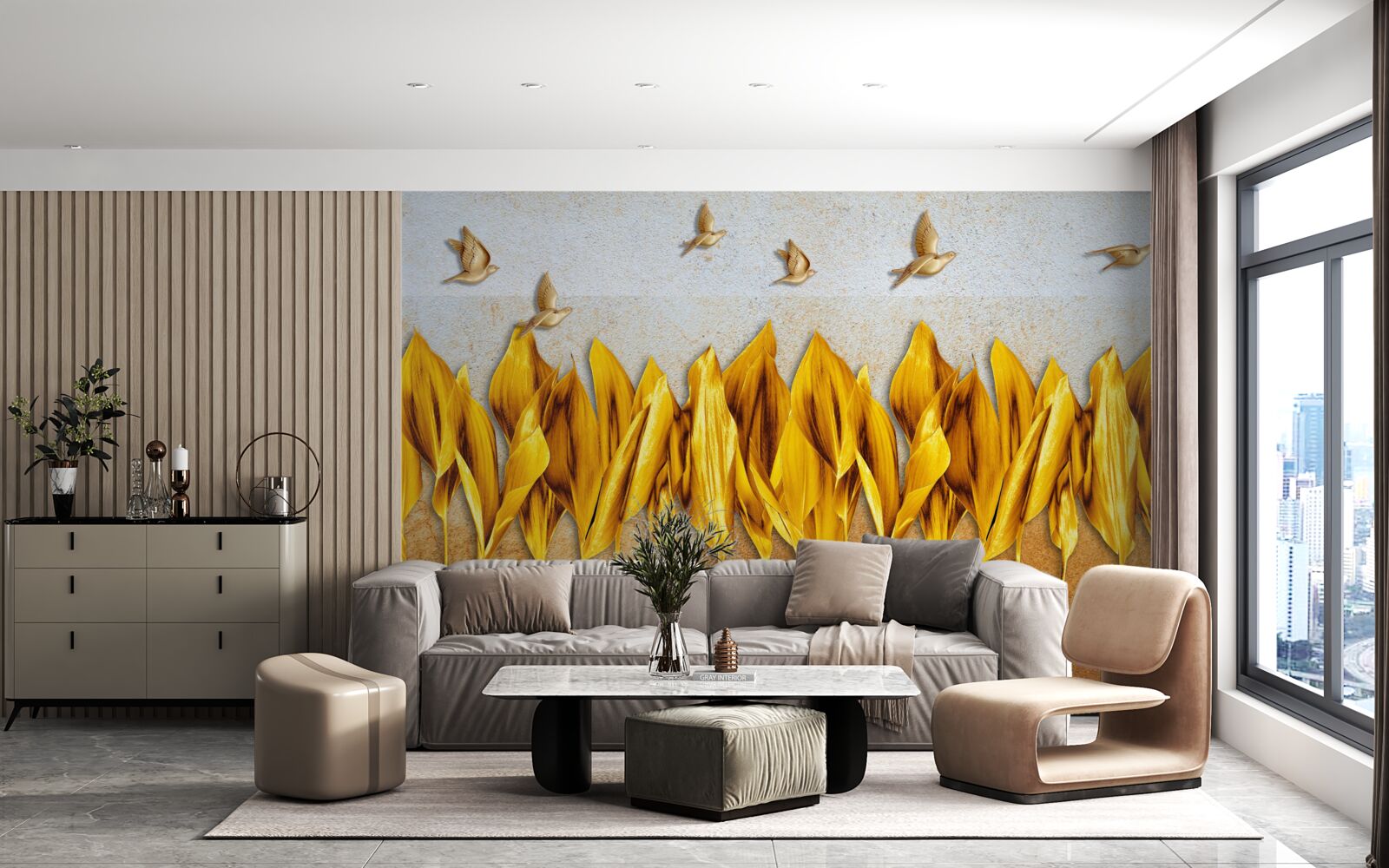 Фотошпалери над крилами птахів, що летять, з'являється золотий осінній ліс