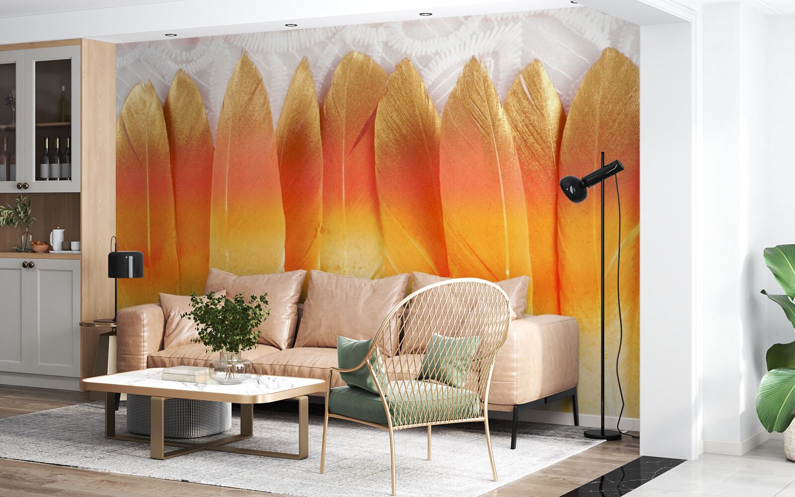 Фотошпалери пожовкле пір'я на тлі світанку