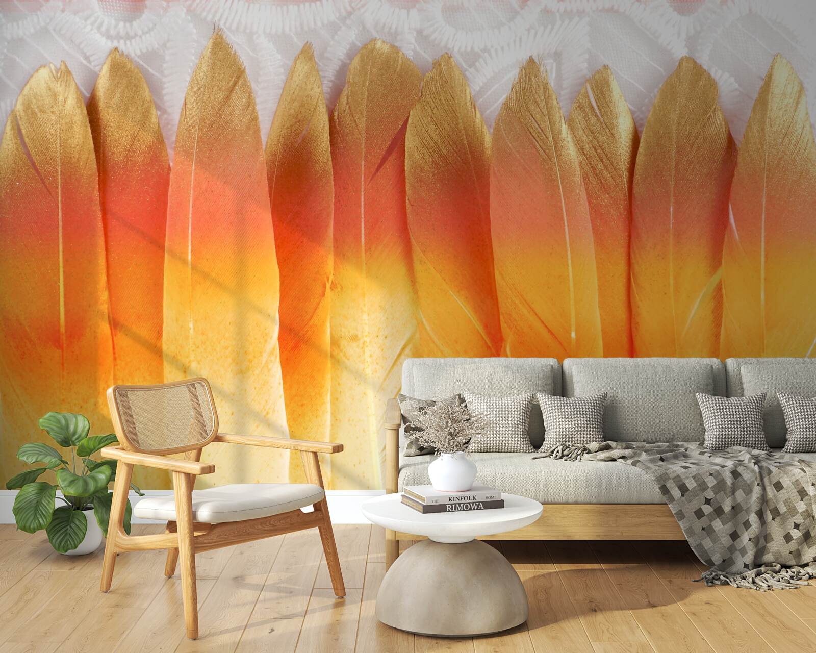 Фотошпалери пожовкле пір'я на тлі світанку