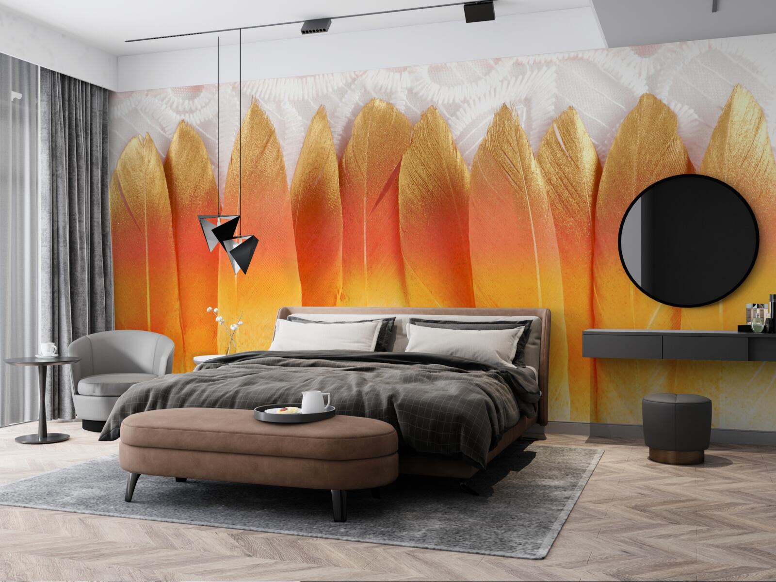 Фотошпалери пожовкле пір'я на тлі світанку