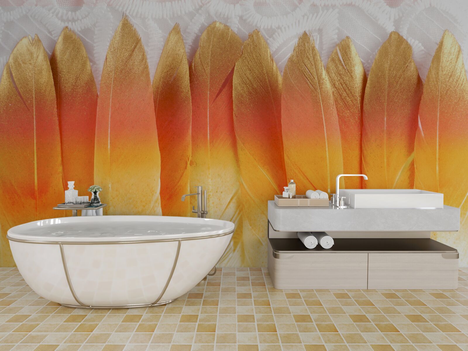 Фотошпалери пожовкле пір'я на тлі світанку