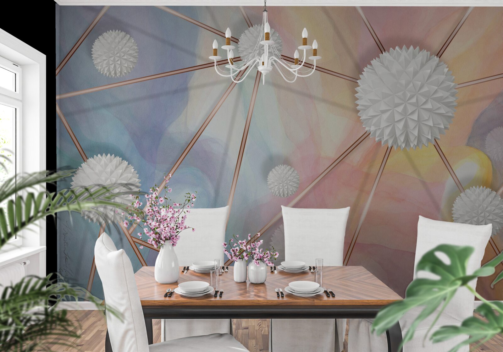 Фотошпалери кулі, що плавають у повітрі, і мотузки, що їх з'єднують, виконані в золоті