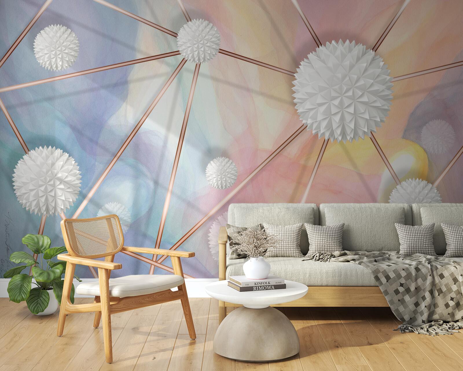 Фотошпалери кулі, що плавають у повітрі, і мотузки, що їх з'єднують, виконані в золоті