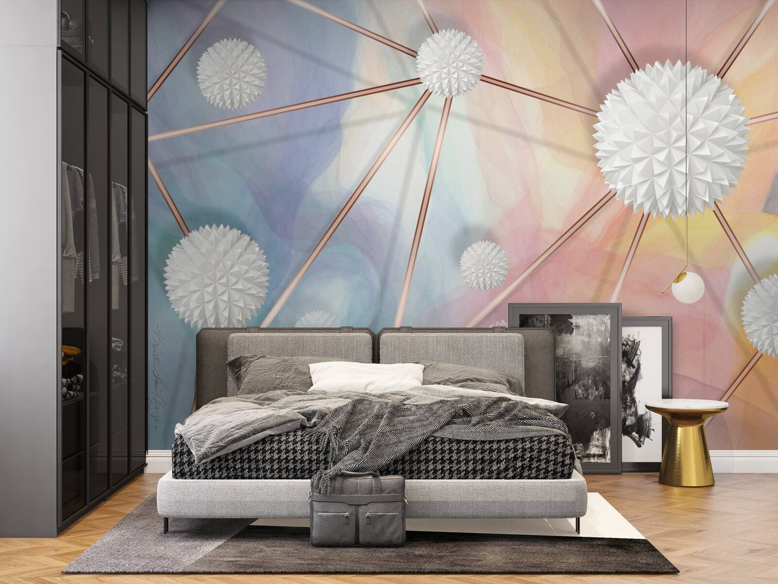 Фотошпалери кулі, що плавають у повітрі, і мотузки, що їх з'єднують, виконані в золоті