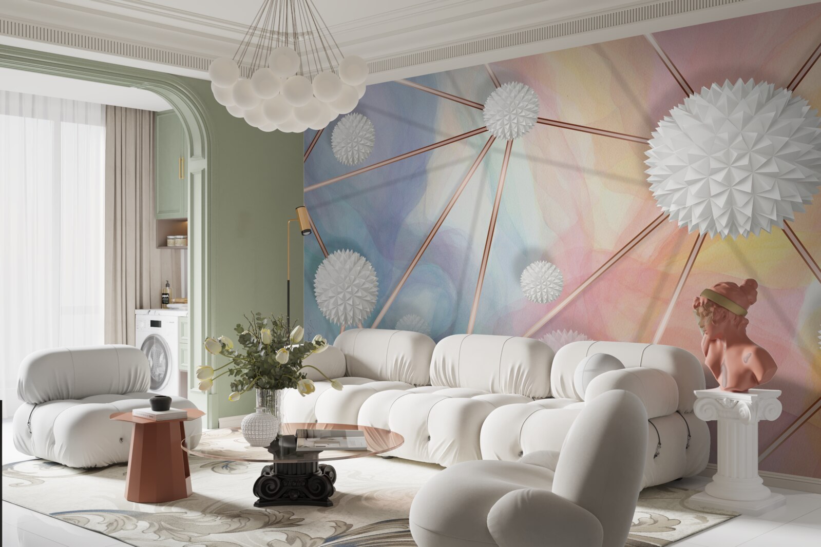 Фотошпалери кулі, що плавають у повітрі, і мотузки, що їх з'єднують, виконані в золоті