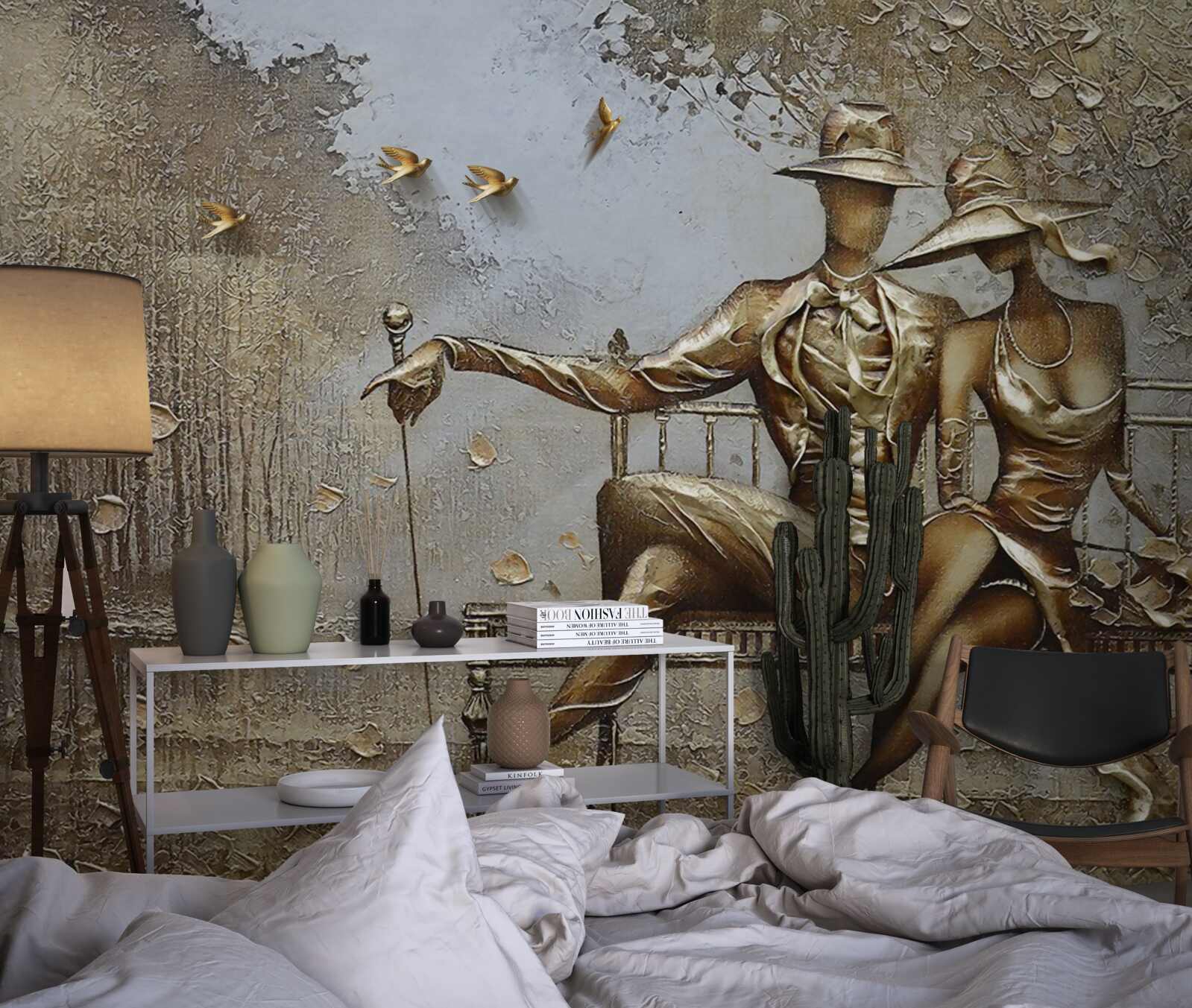 Фотошпалери молоді закохані на лавці під час зливи