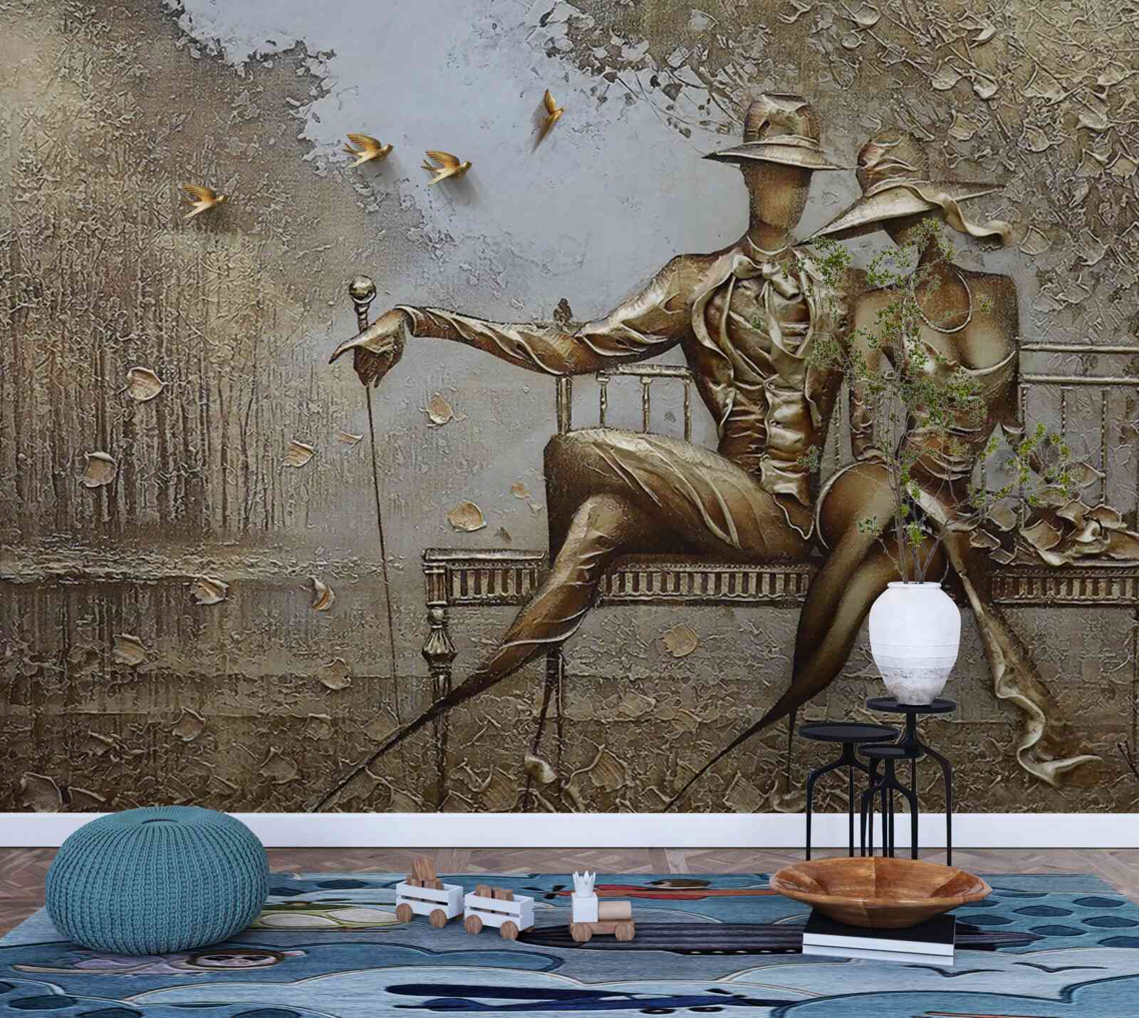 Фотошпалери молоді закохані на лавці під час зливи