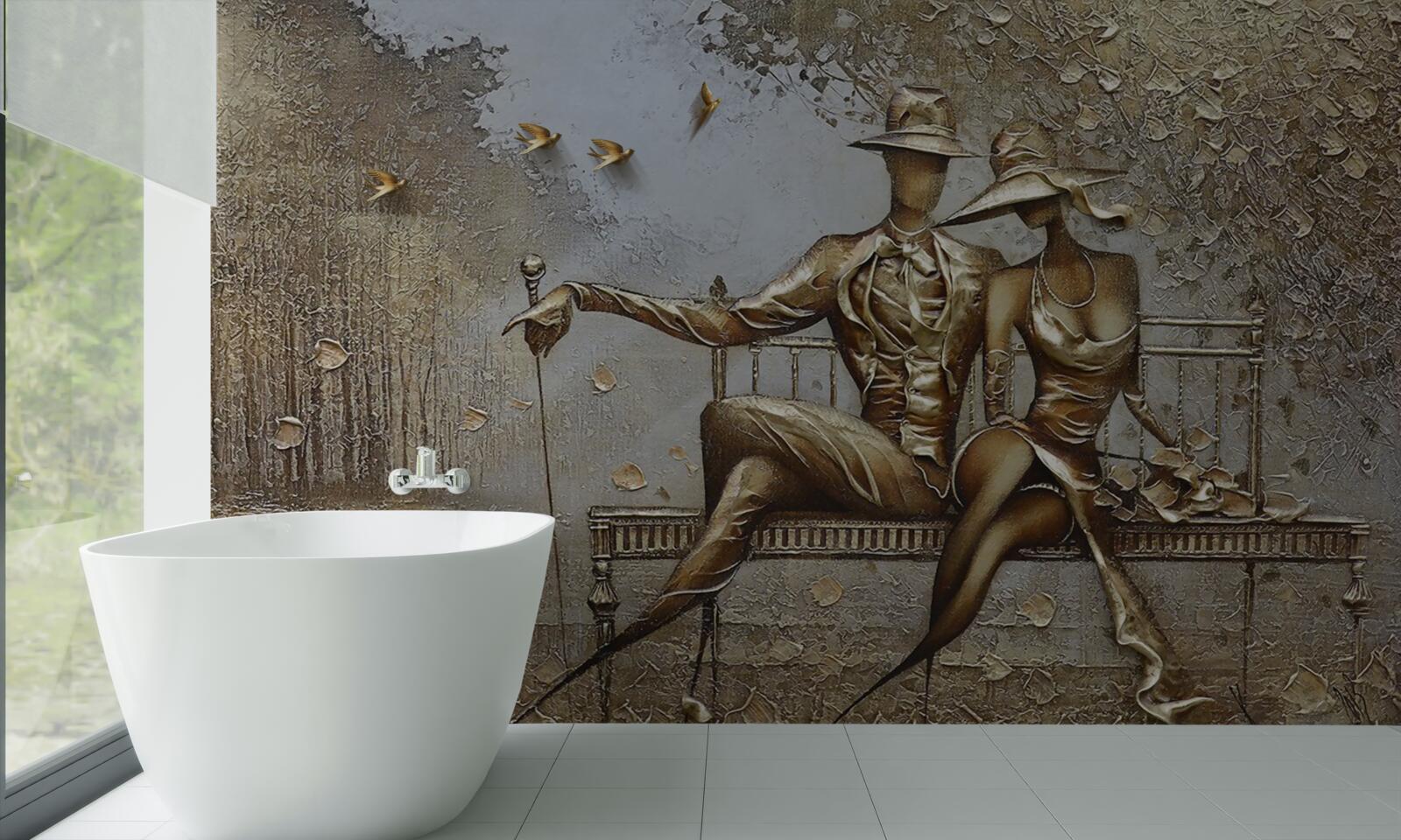 Фотошпалери молоді закохані на лавці під час зливи