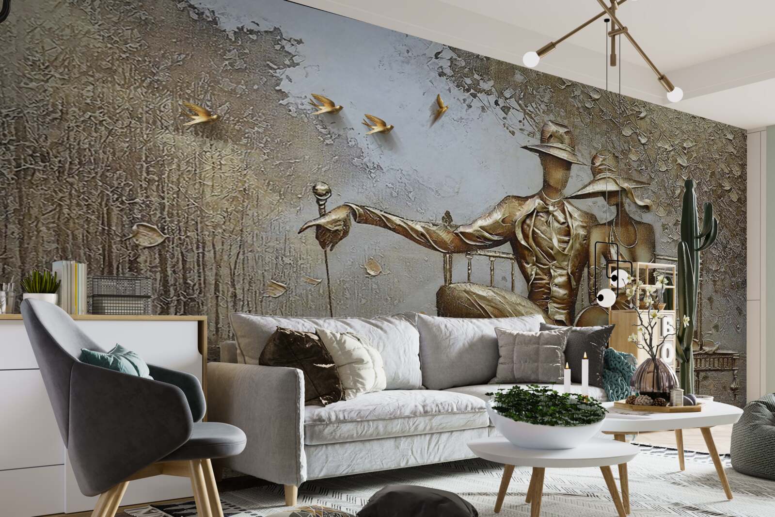 Фотошпалери молоді закохані на лавці під час зливи