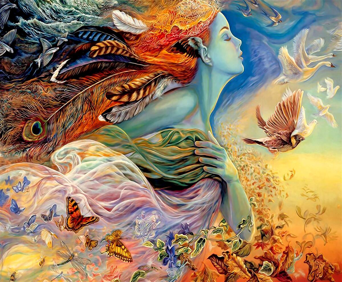 Фотошпалери дівчина в оточенні осінніх квітів, яку колише вітер