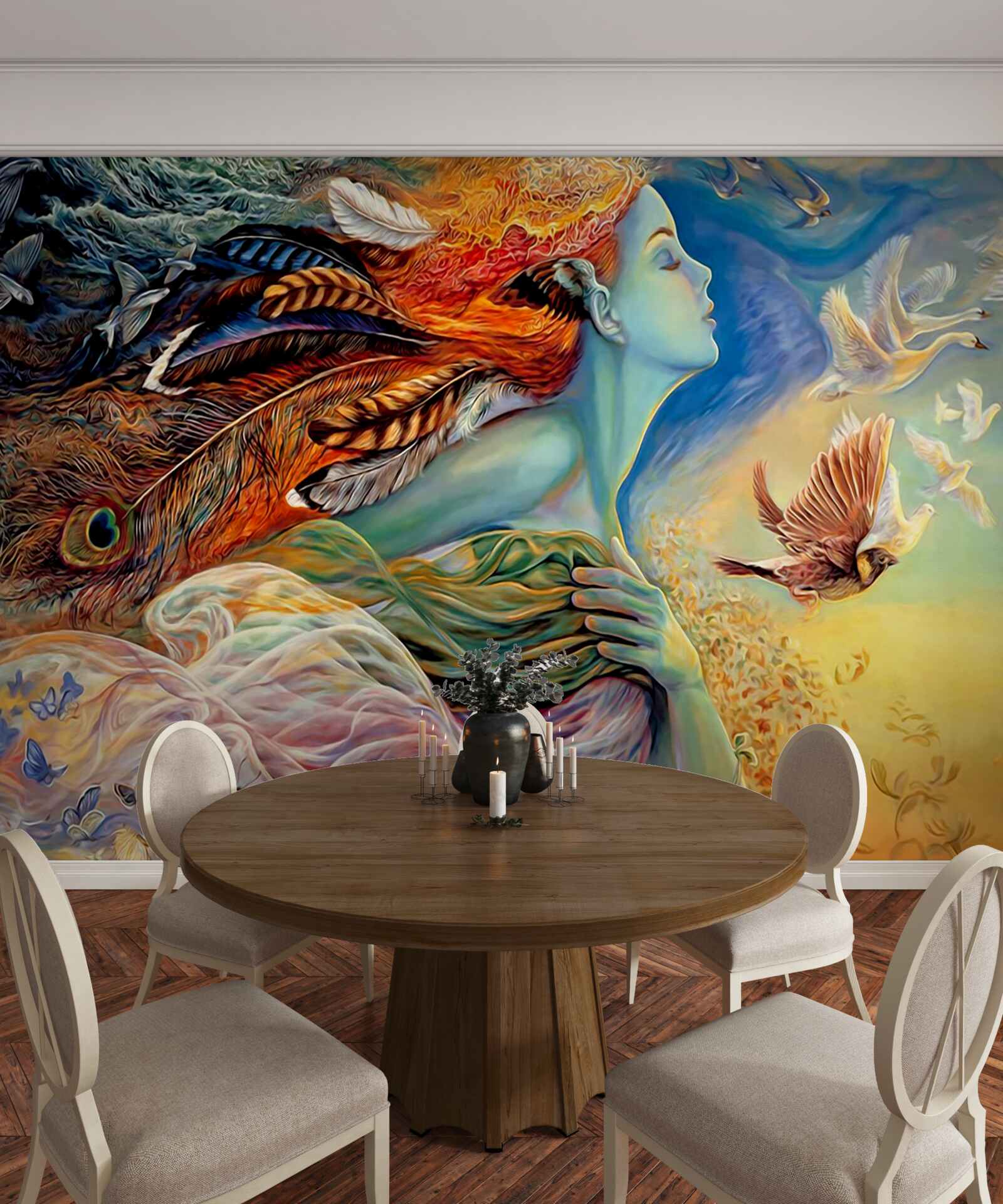 Фотошпалери дівчина в оточенні осінніх квітів, яку колише вітер