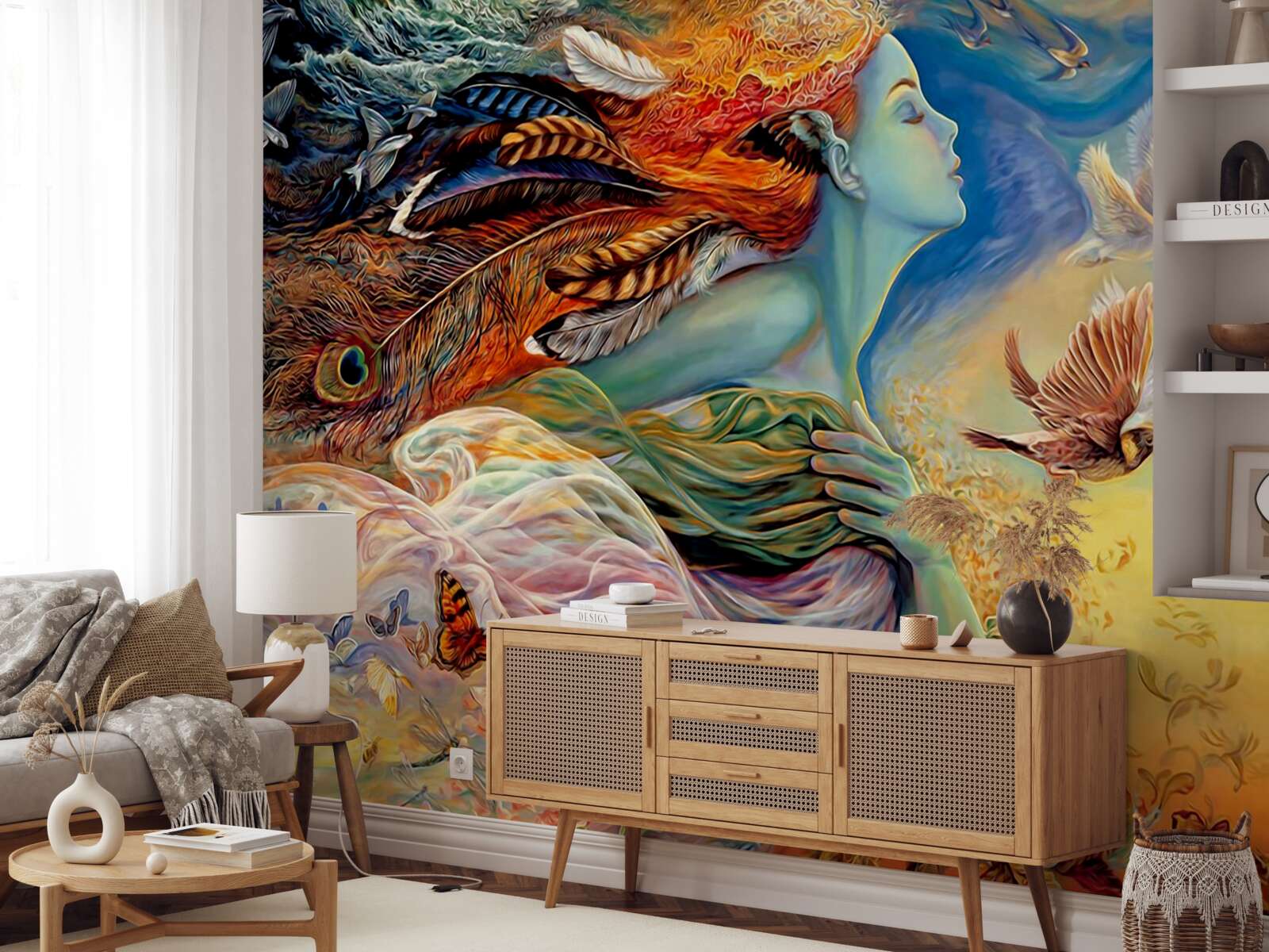 Фотошпалери дівчина в оточенні осінніх квітів, яку колише вітер