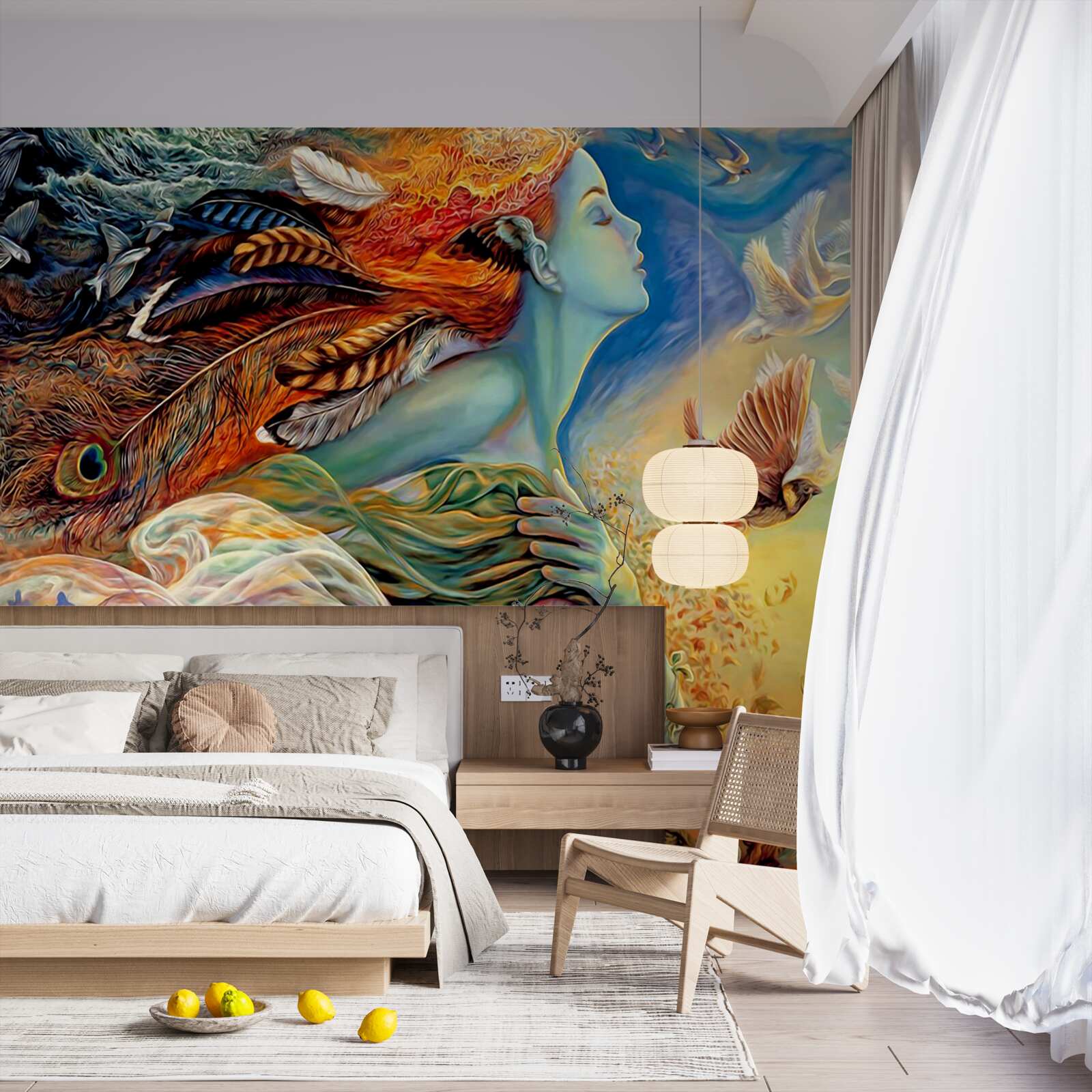 Фотошпалери дівчина в оточенні осінніх квітів, яку колише вітер