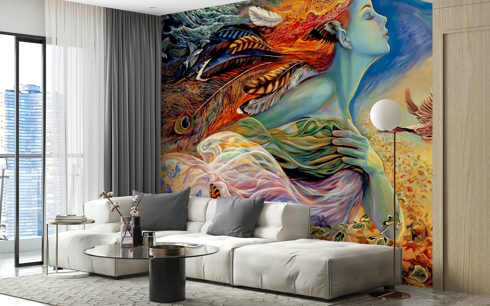 Фотошпалери дівчина в оточенні осінніх квітів, яку колише вітер