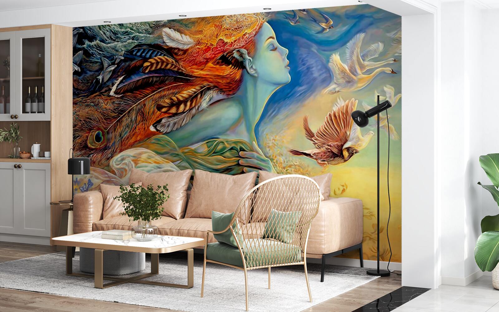 Фотошпалери дівчина в оточенні осінніх квітів, яку колише вітер