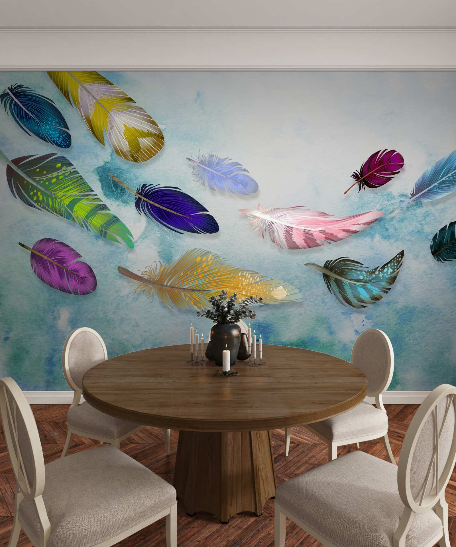 Фотошпалери пір'я різних форм і відтінків плаває в повітрі