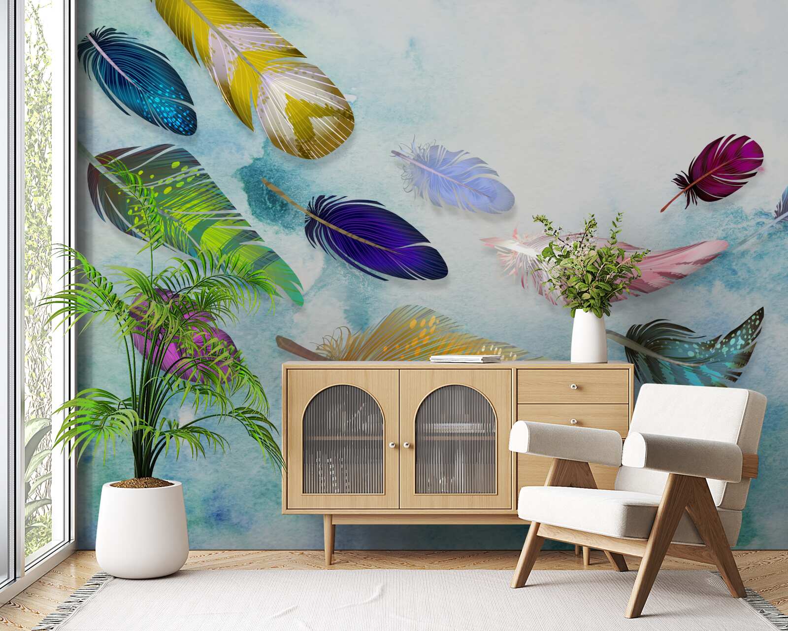 Фотошпалери пір'я різних форм і відтінків плаває в повітрі