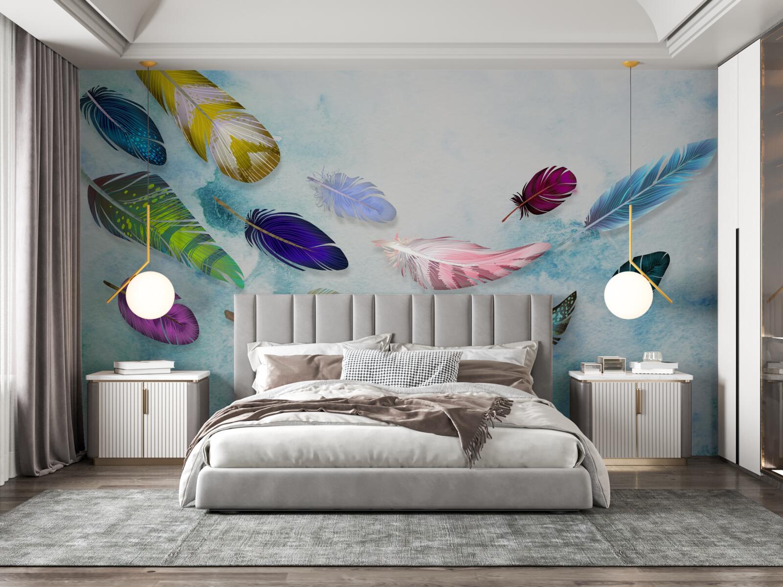 Фотошпалери пір'я різних форм і відтінків плаває в повітрі