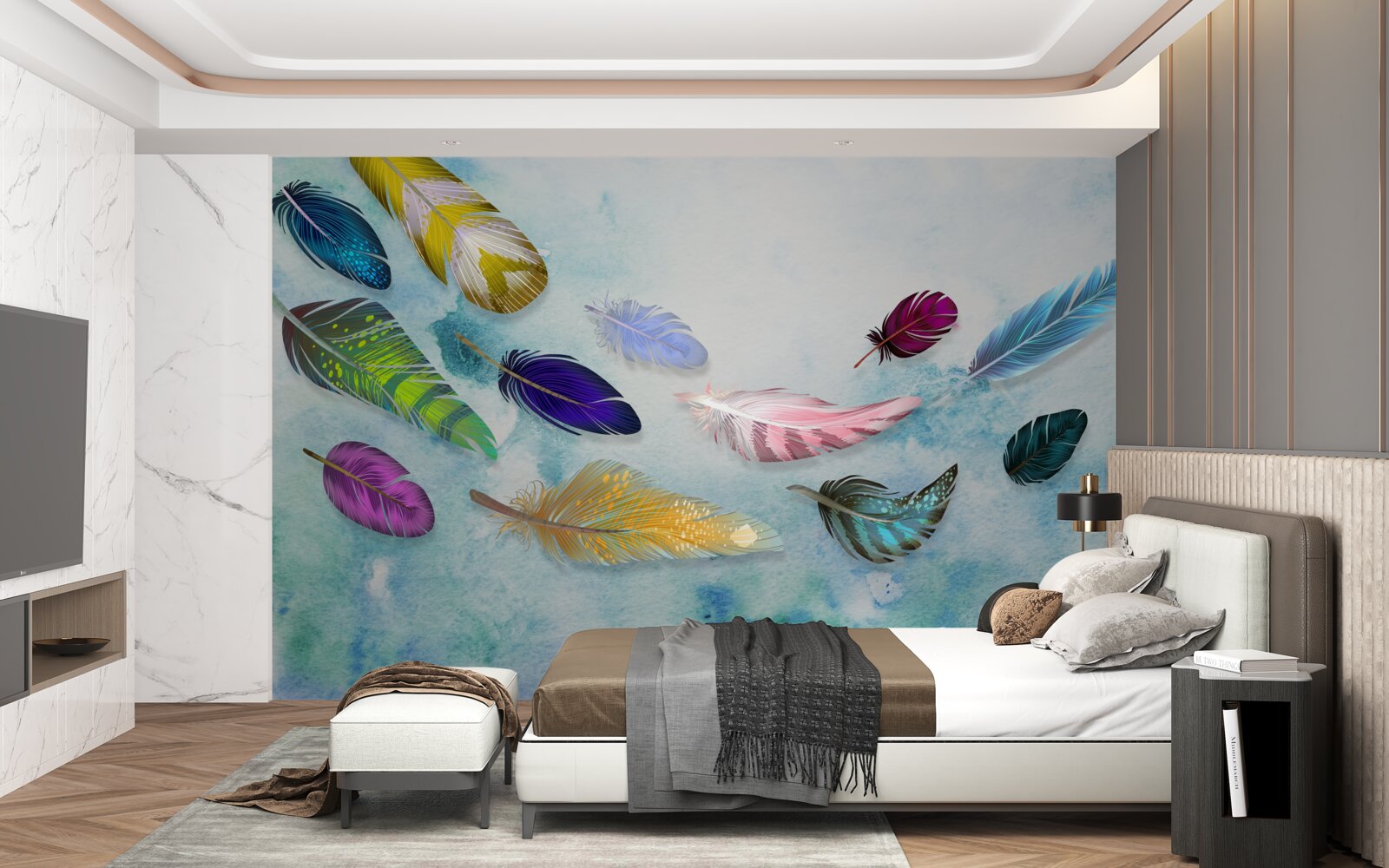 Фотошпалери пір'я різних форм і відтінків плаває в повітрі