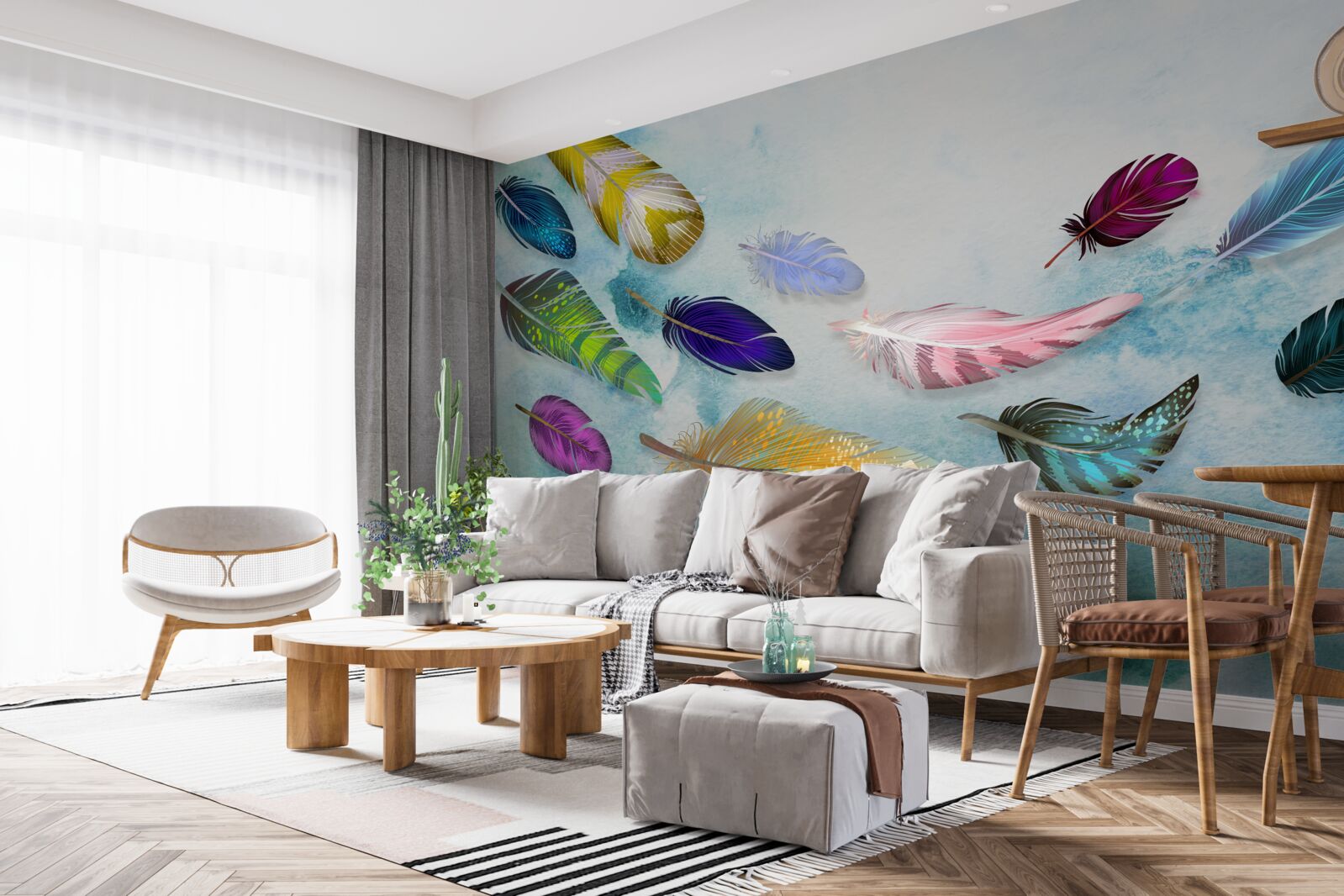 Фотошпалери пір'я різних форм і відтінків плаває в повітрі