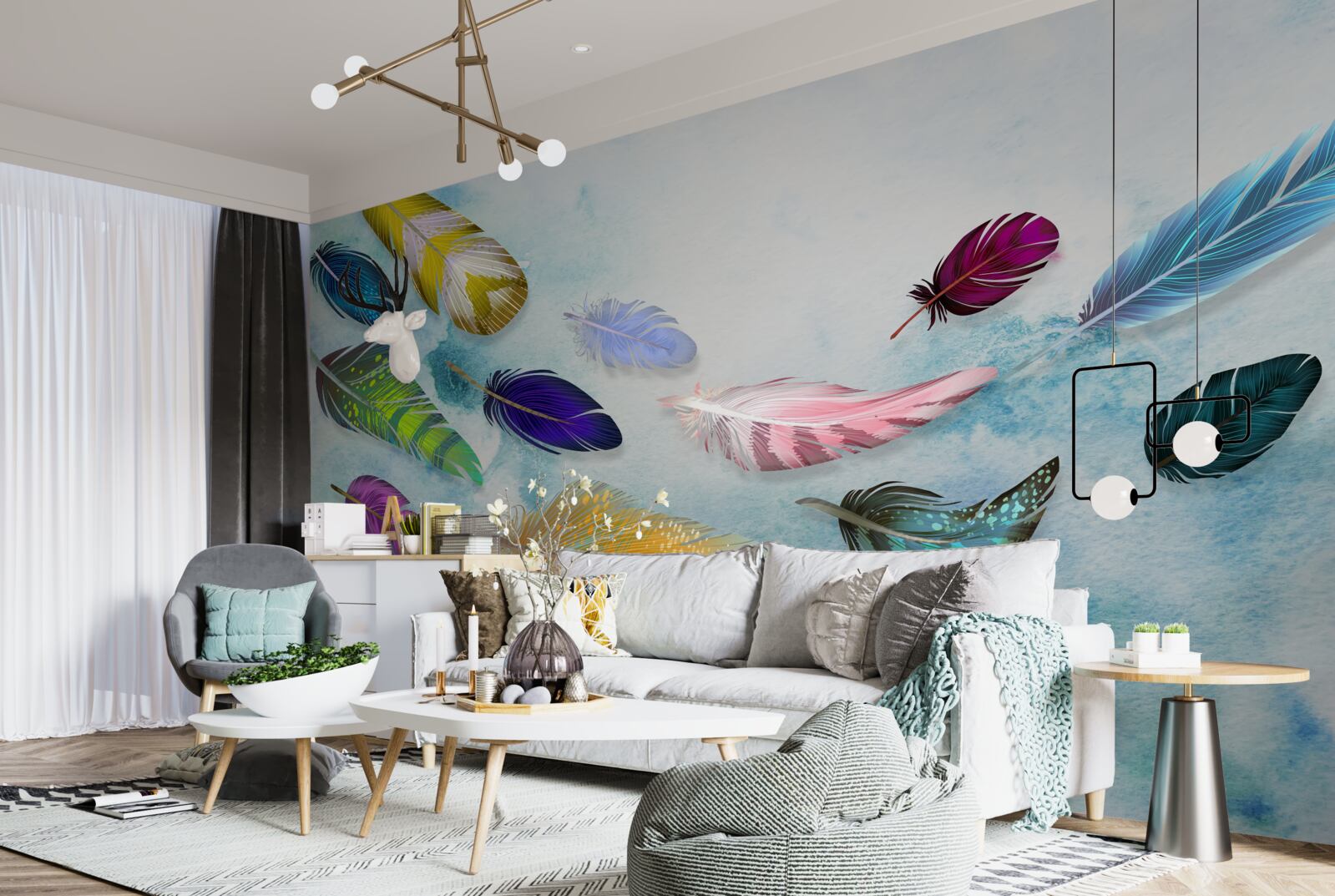 Фотошпалери пір'я різних форм і відтінків плаває в повітрі