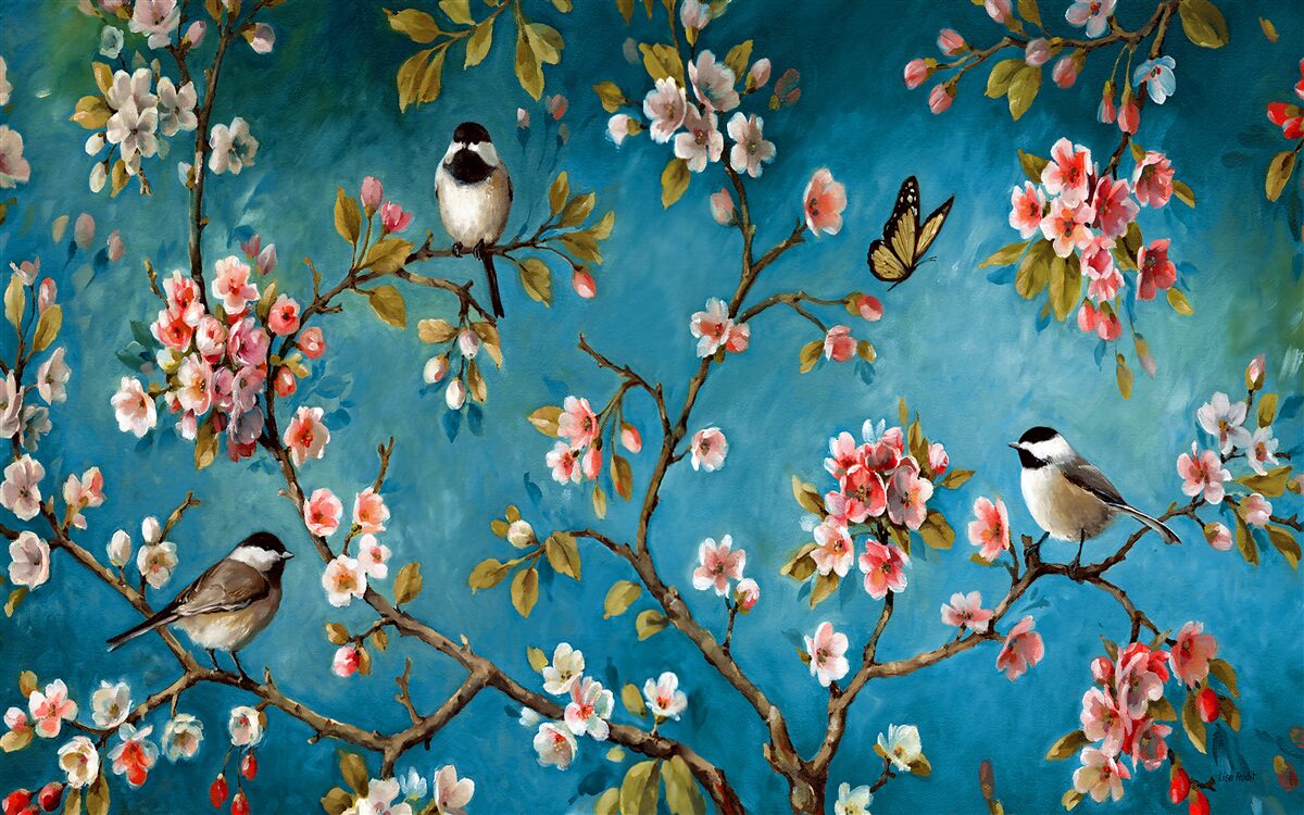 Фотошпалери квітучі гілки з птахами на тлі блакитного неба