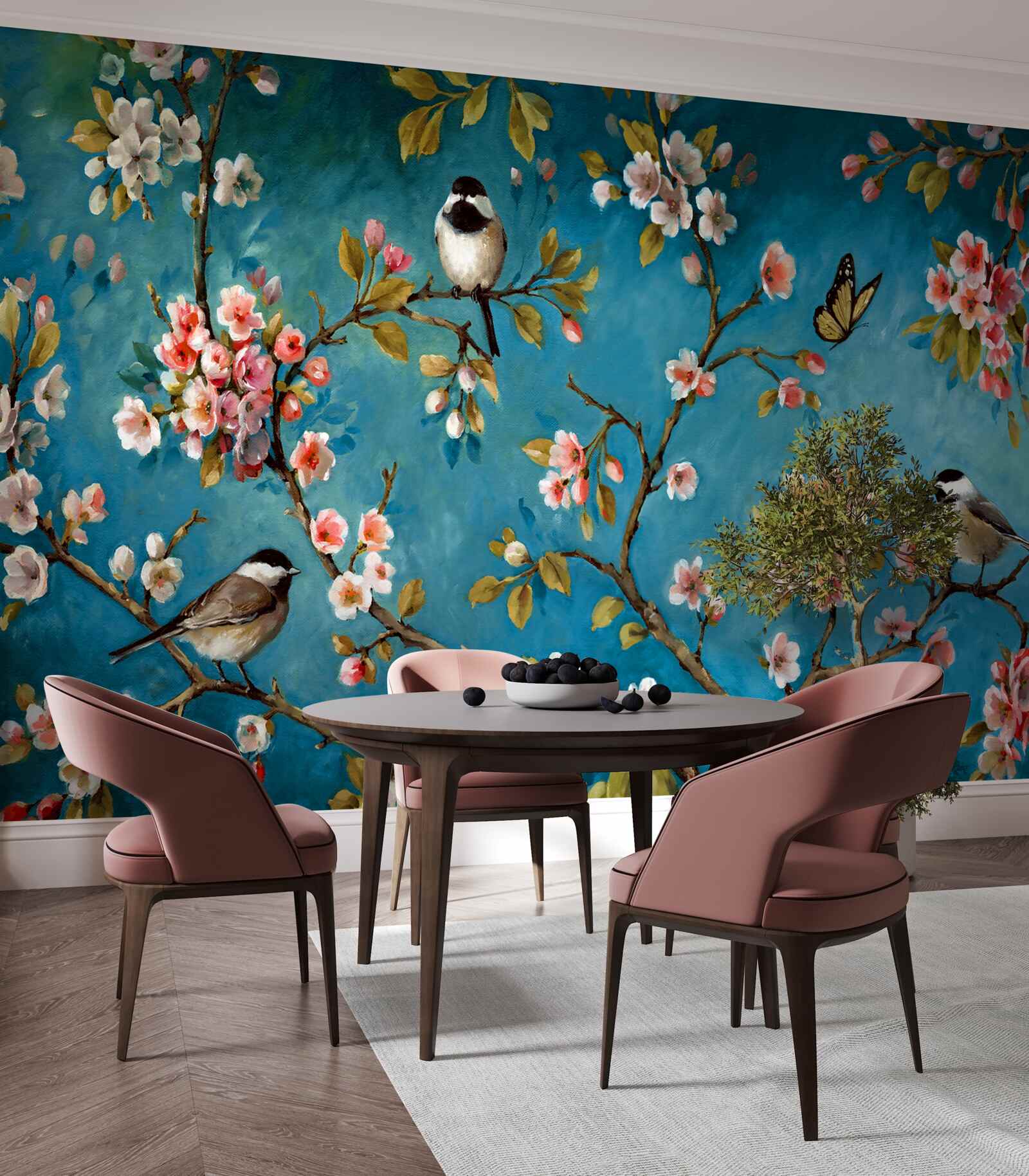 Фотошпалери квітучі гілки з птахами на тлі блакитного неба