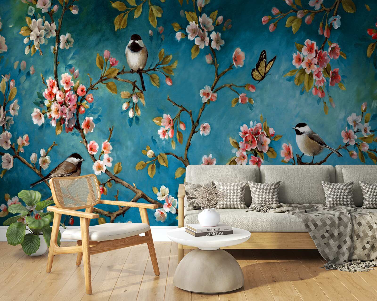 Фотошпалери квітучі гілки з птахами на тлі блакитного неба
