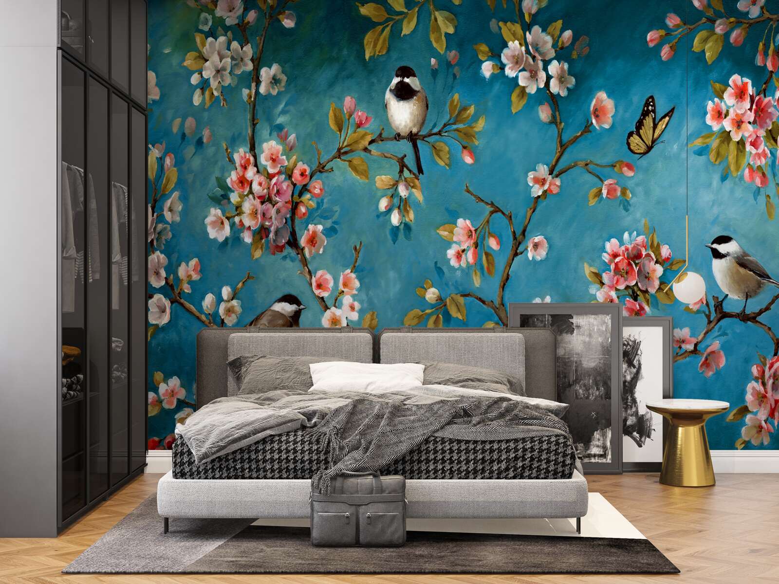 Фотошпалери квітучі гілки з птахами на тлі блакитного неба