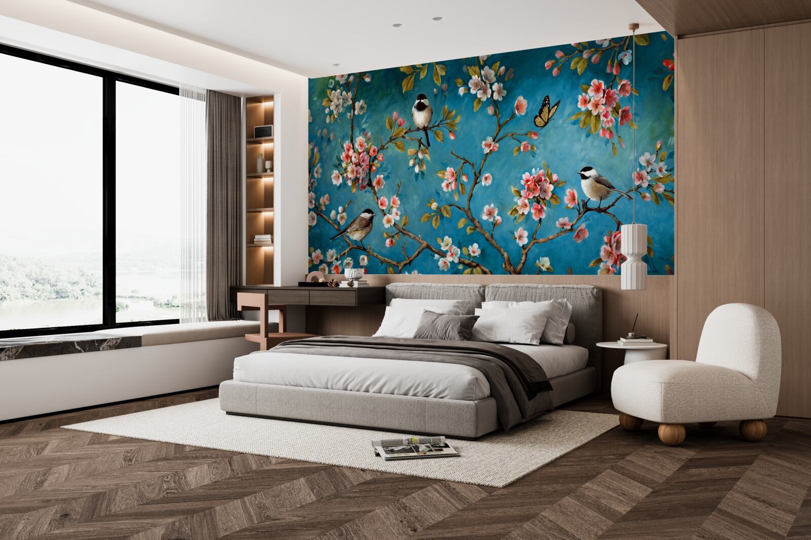 Фотошпалери квітучі гілки з птахами на тлі блакитного неба