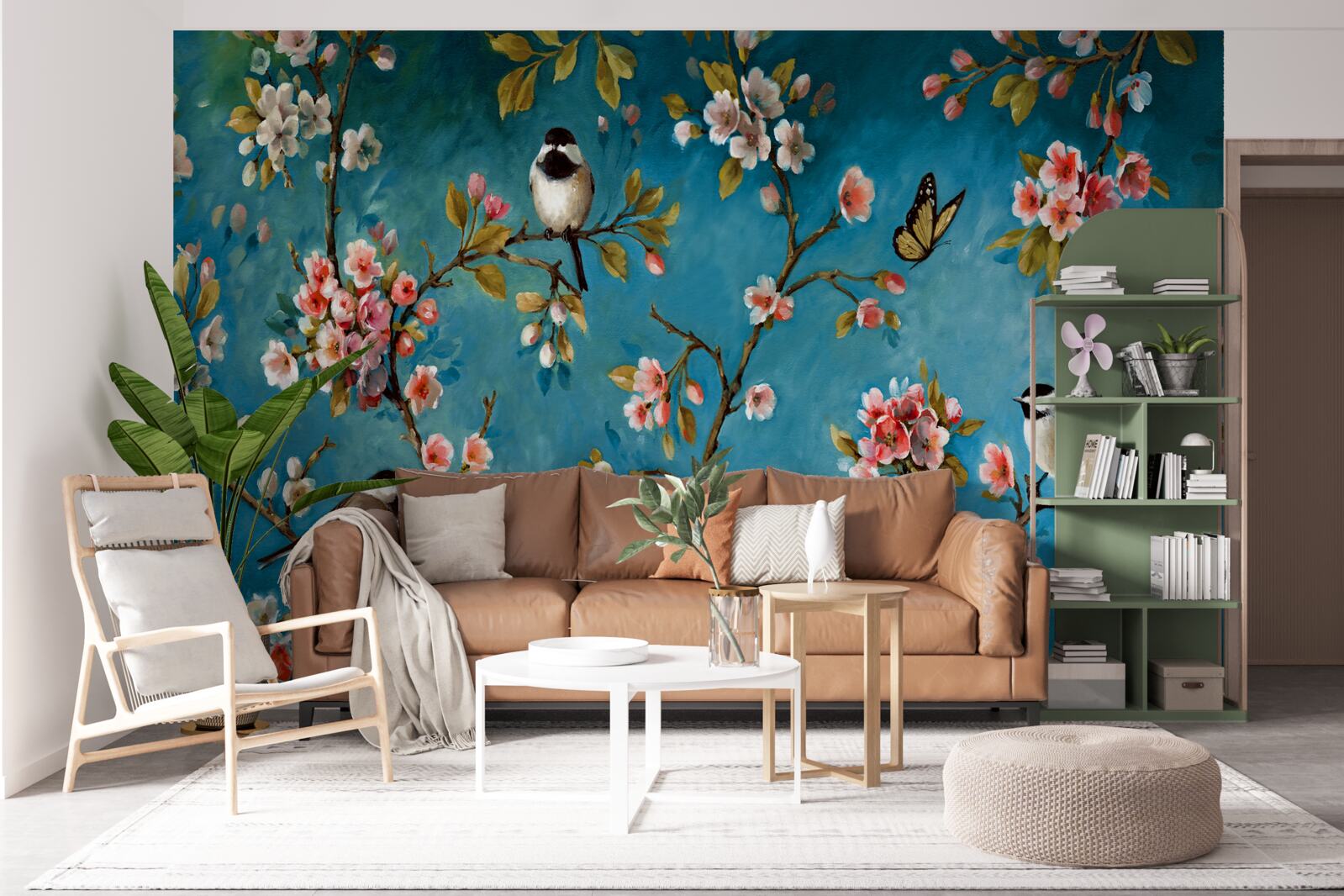 Фотошпалери квітучі гілки з птахами на тлі блакитного неба