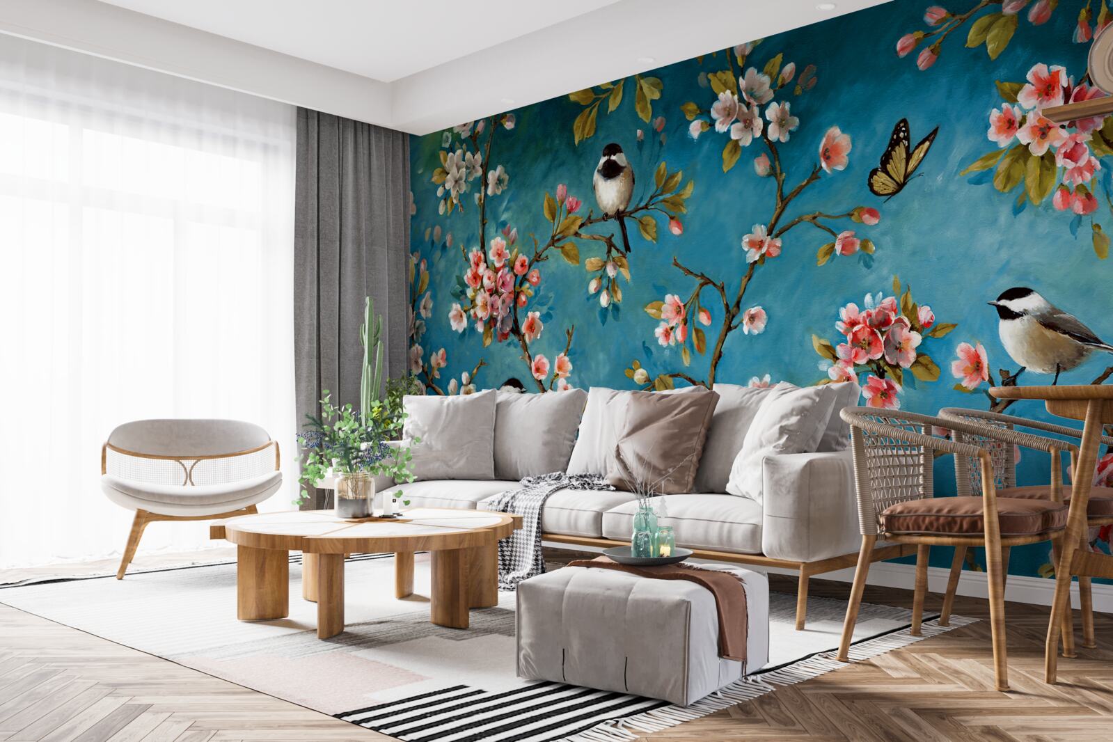 Фотошпалери квітучі гілки з птахами на тлі блакитного неба