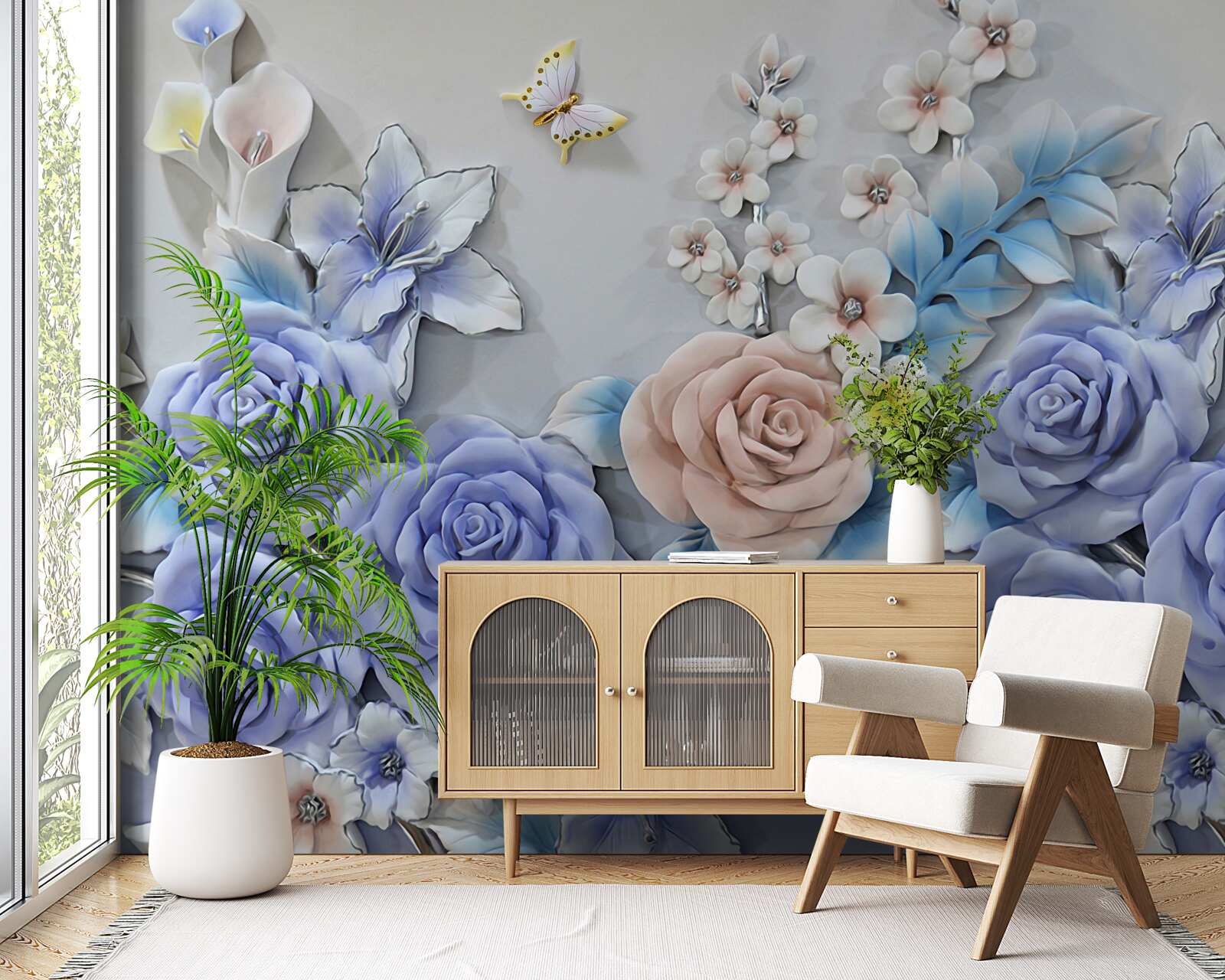 Фотошпалери лілії та троянди стають траєкторією польоту метеликів