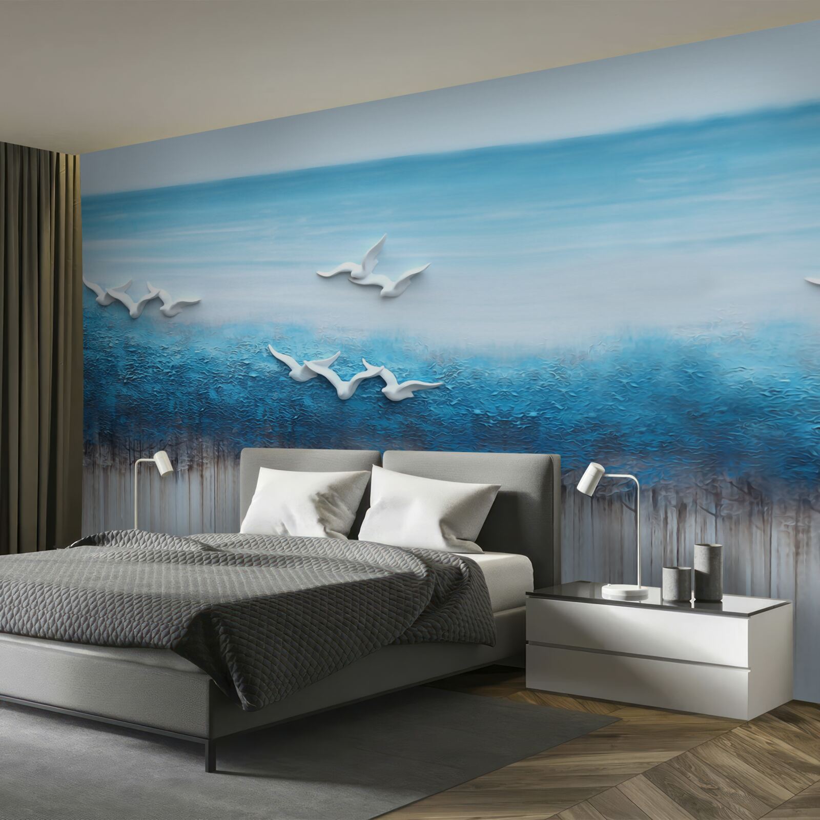 Фотошпалери Білосніжні птахи над синюватими хмарами