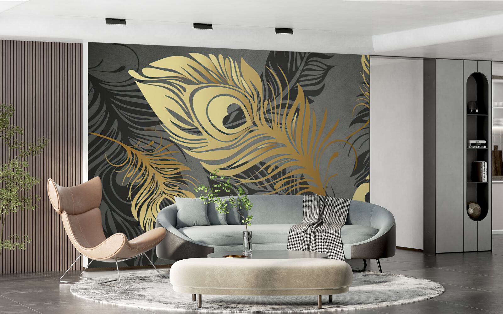 Фотошпалери пір'я з золотим ажурним декором