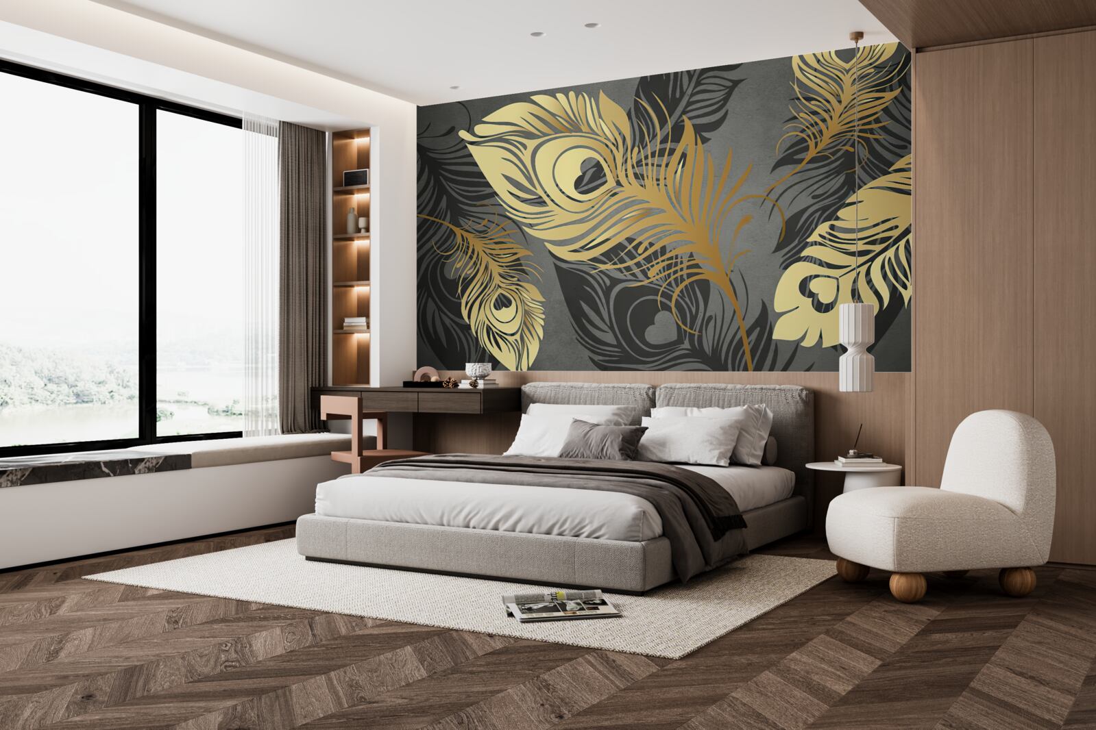 Фотошпалери пір'я з золотим ажурним декором