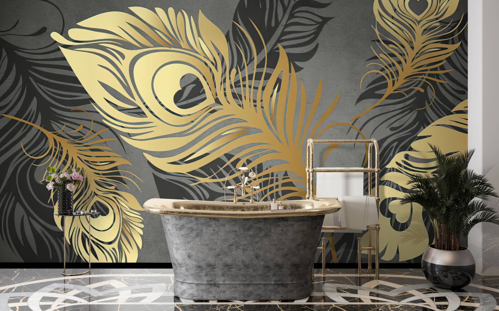 Фотошпалери пір'я з золотим ажурним декором