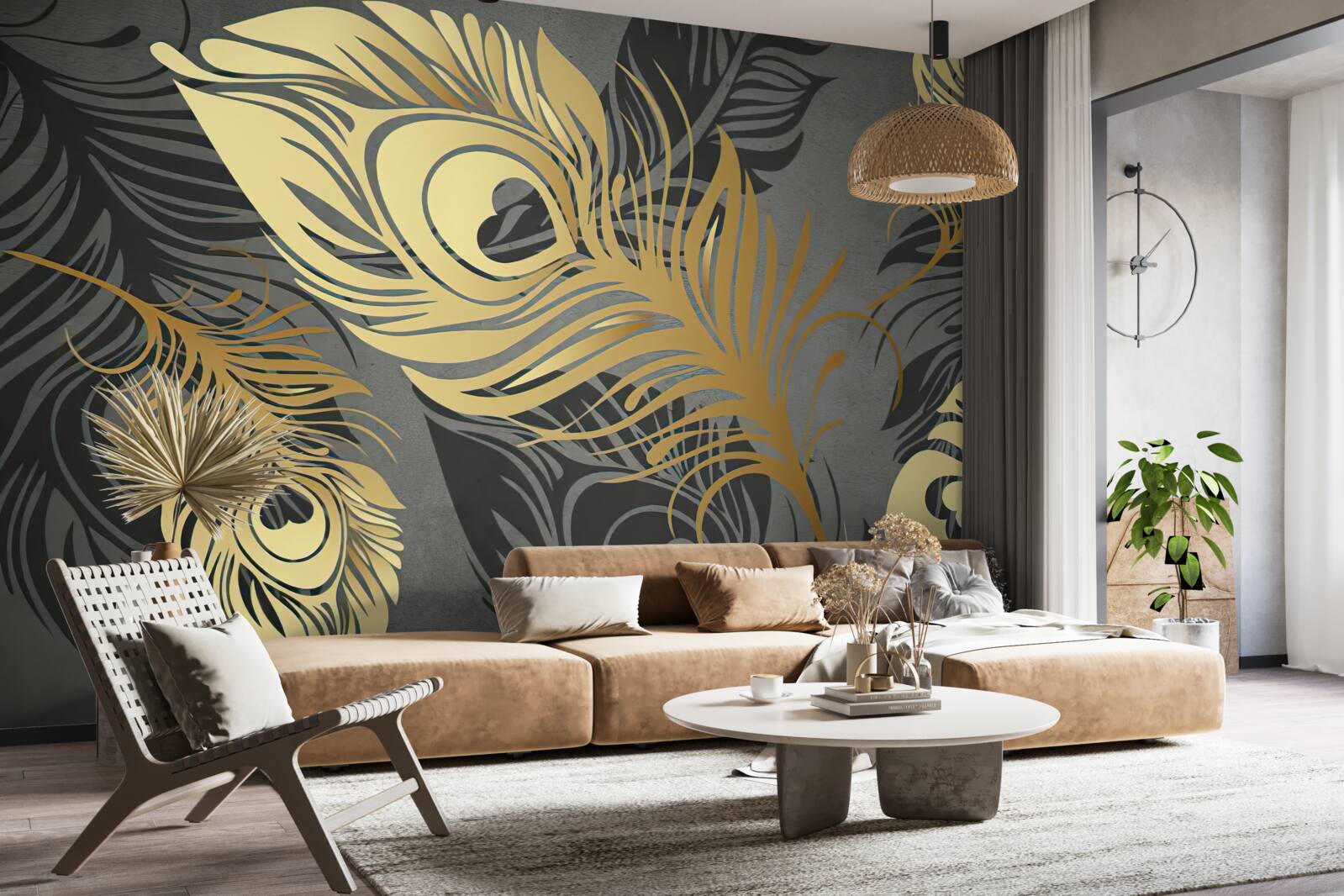 Фотошпалери пір'я з золотим ажурним декором