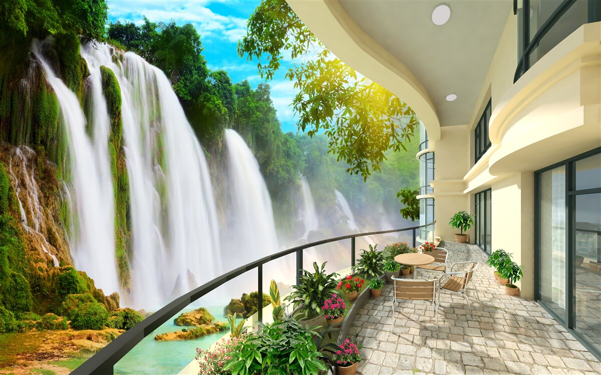 Фотошпалери чудова тераса з панорамним видом на водоспад