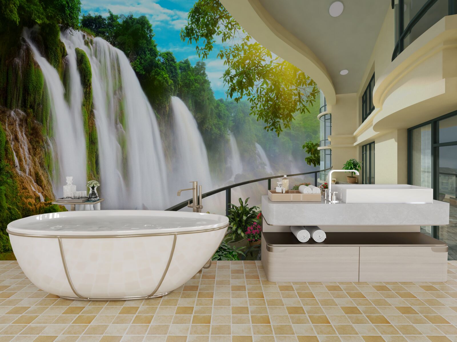 Фотошпалери чудова тераса з панорамним видом на водоспад