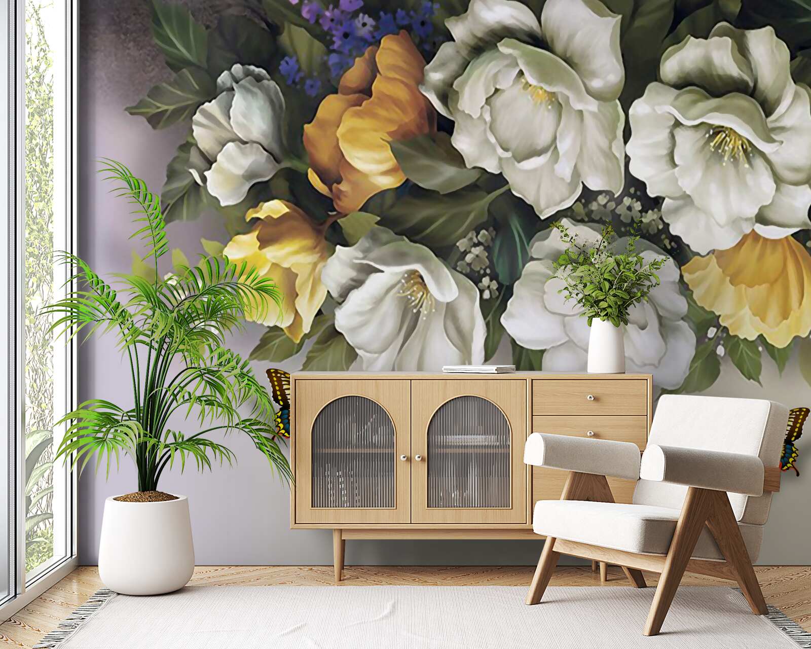 Фотошпалери дві лускокрилі в білих і жовтих тюльпанах