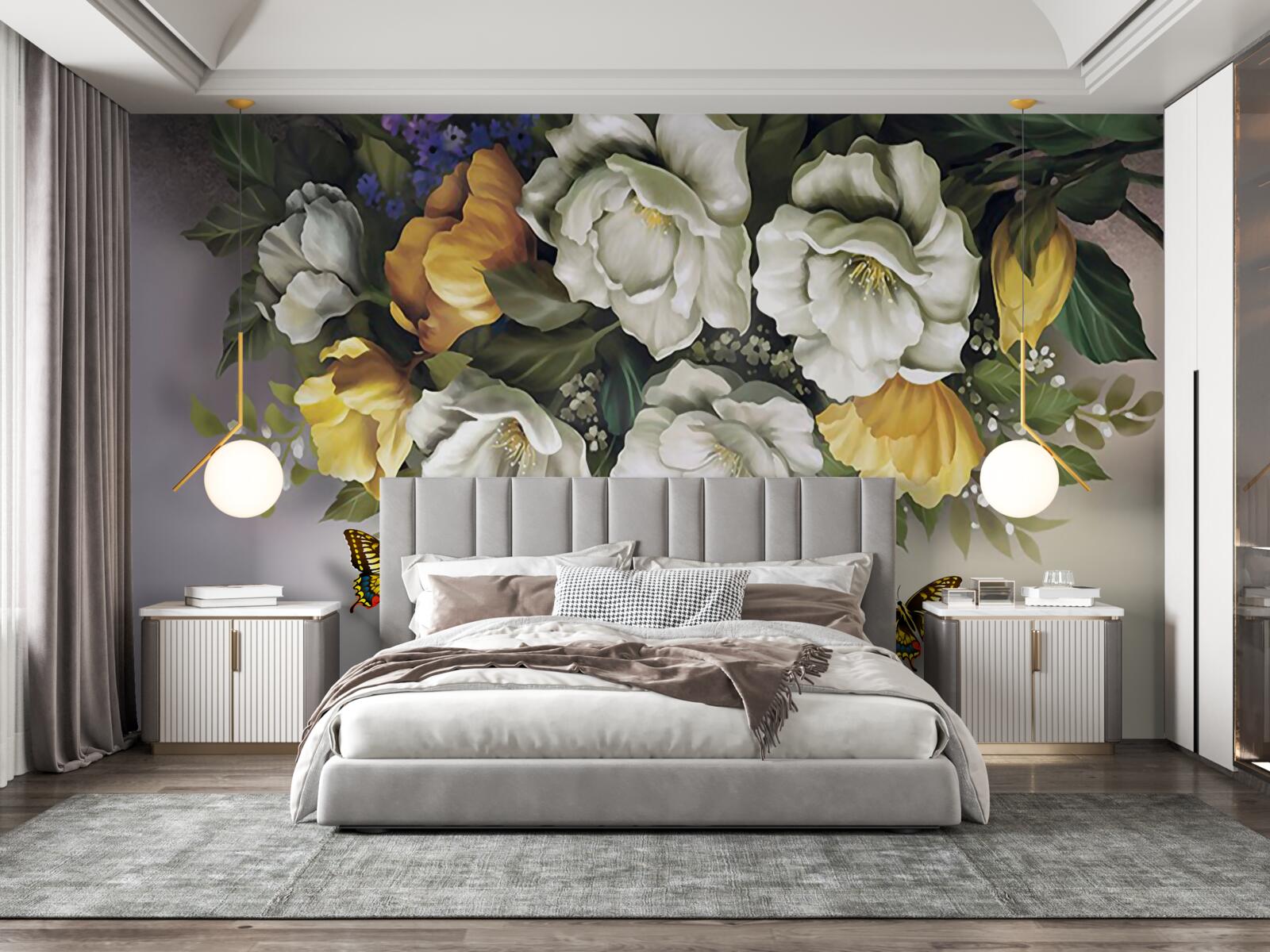 Фотошпалери дві лускокрилі в білих і жовтих тюльпанах