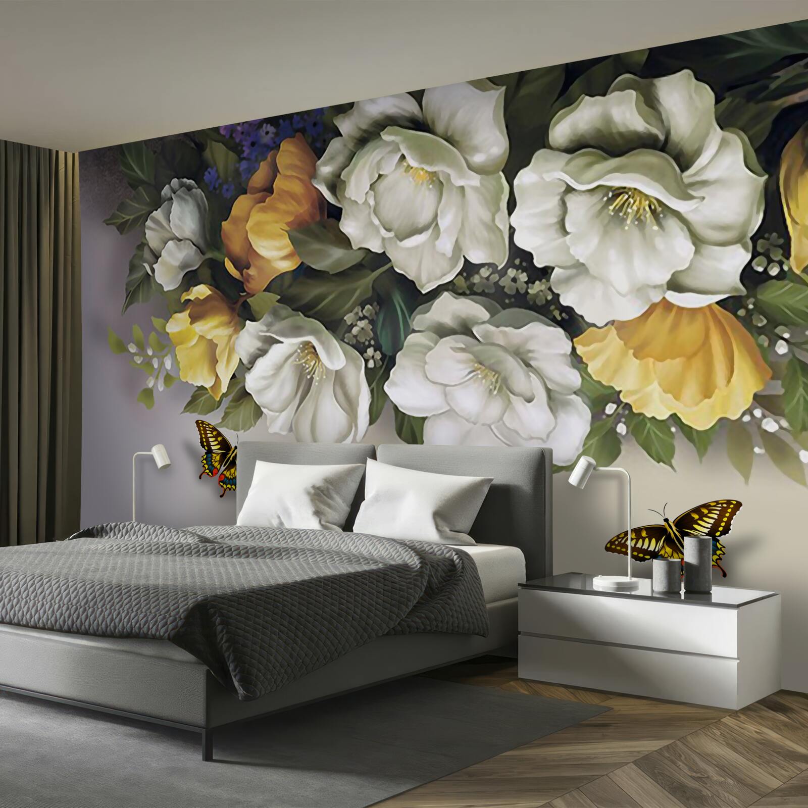 Фотошпалери дві лускокрилі в білих і жовтих тюльпанах