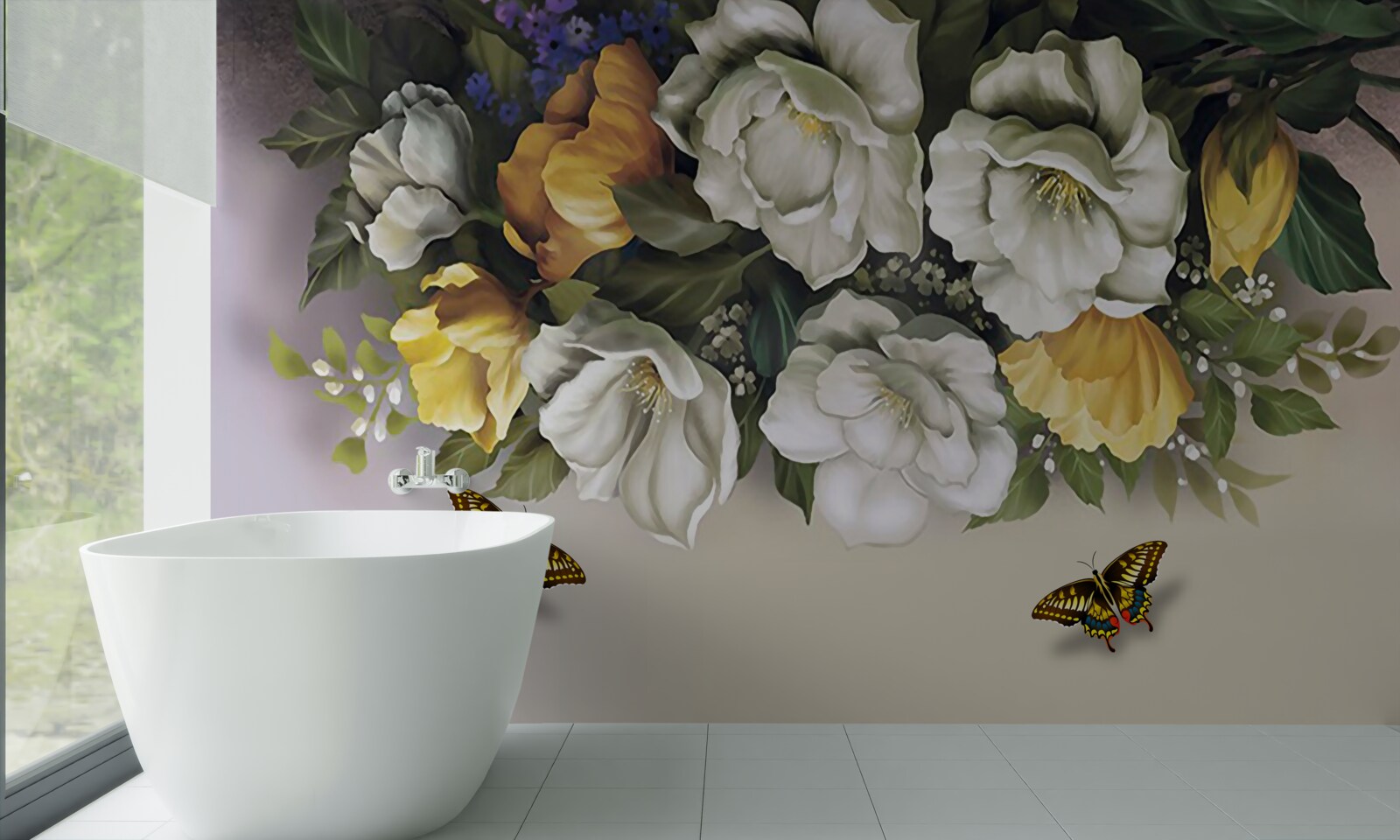Фотошпалери дві лускокрилі в білих і жовтих тюльпанах