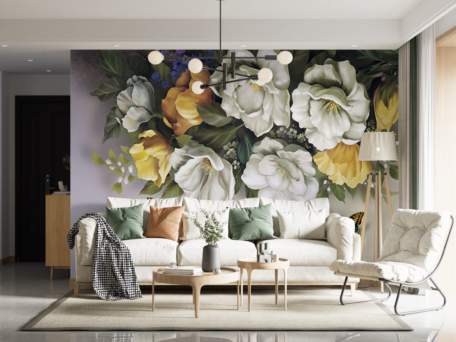 Фотошпалери дві лускокрилі в білих і жовтих тюльпанах