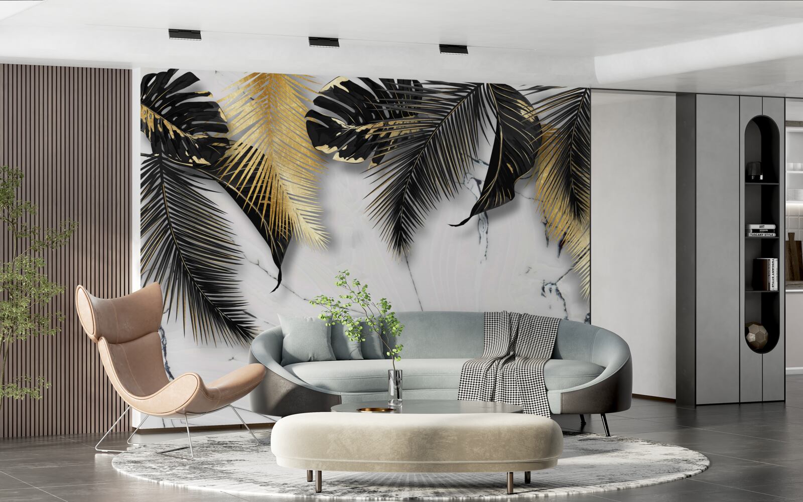 Фотошпалери мармур всіяний коричневим і чорним листям